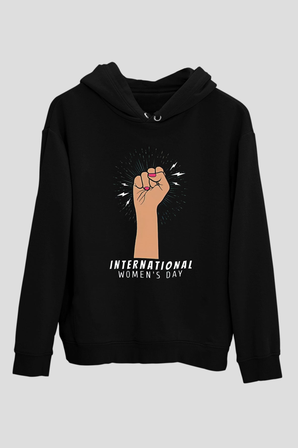 Kadınlar Günü Baskılı Unisex Siyah Hoodie