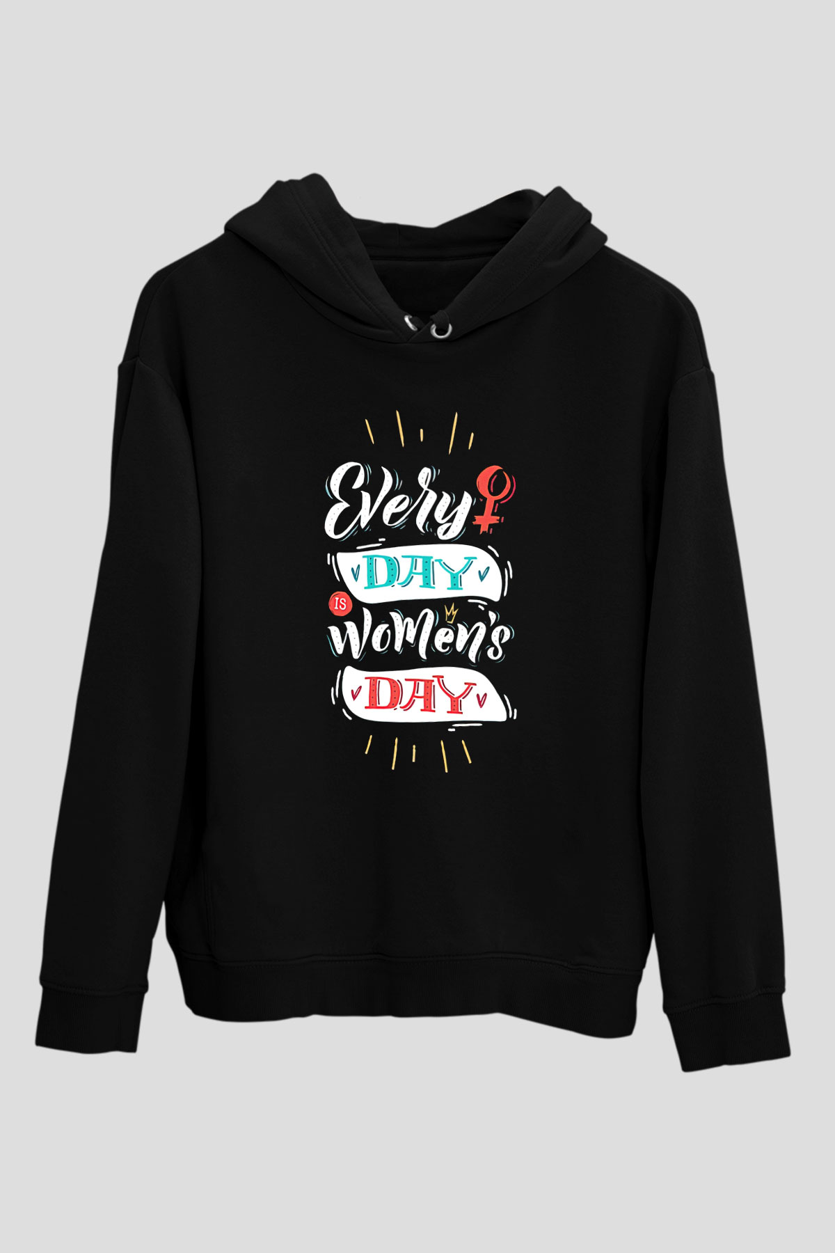 Kadınlar Günü Baskılı Unisex Siyah Hoodie