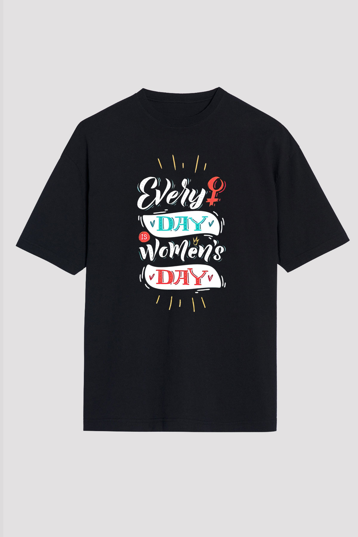 Kadınlar Günü Baskılı Unisex Siyah Oversize Tişört - Tshirt