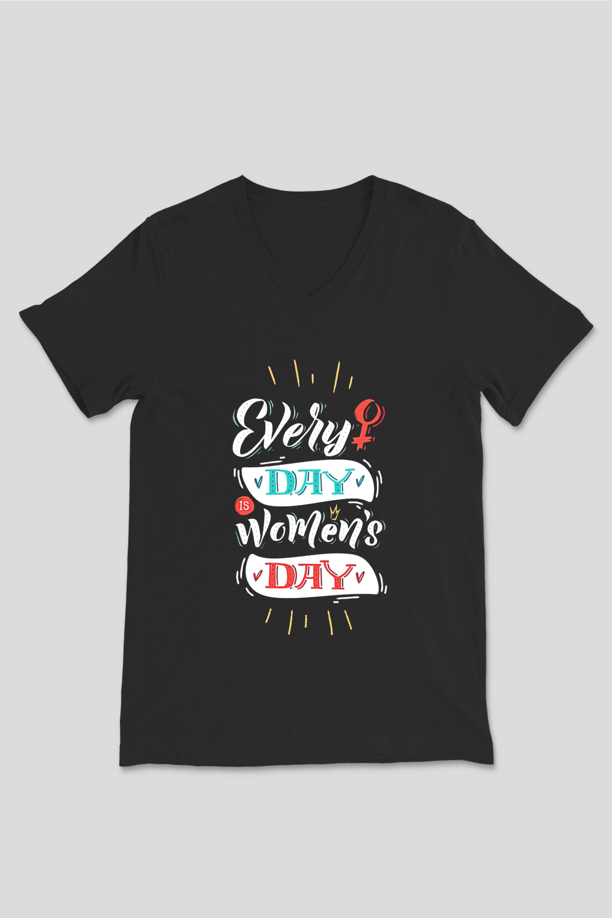 Kadınlar Günü Baskılı Unisex Siyah V Yaka Tişört - Tshirt