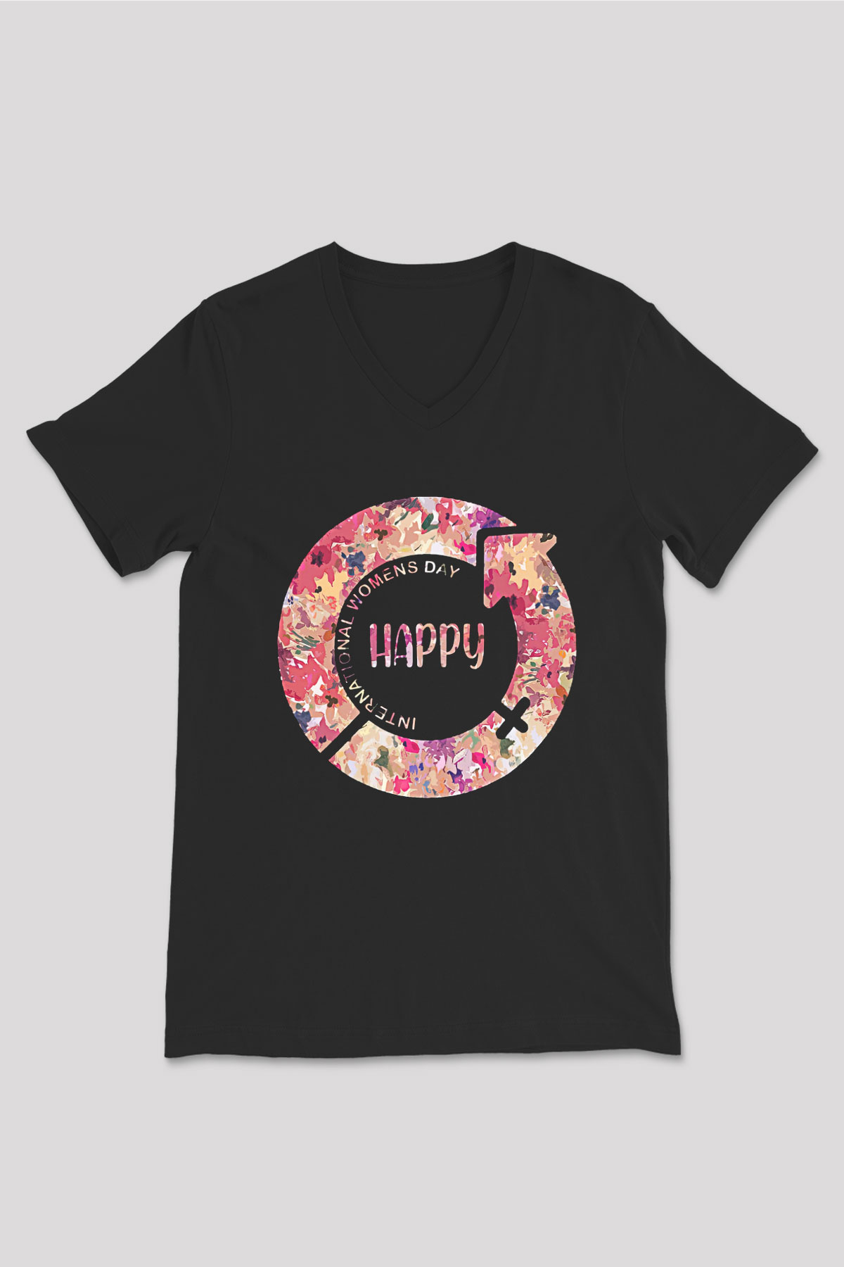 Kadınlar Günü Baskılı Unisex Siyah V Yaka Tişört - Tshirt