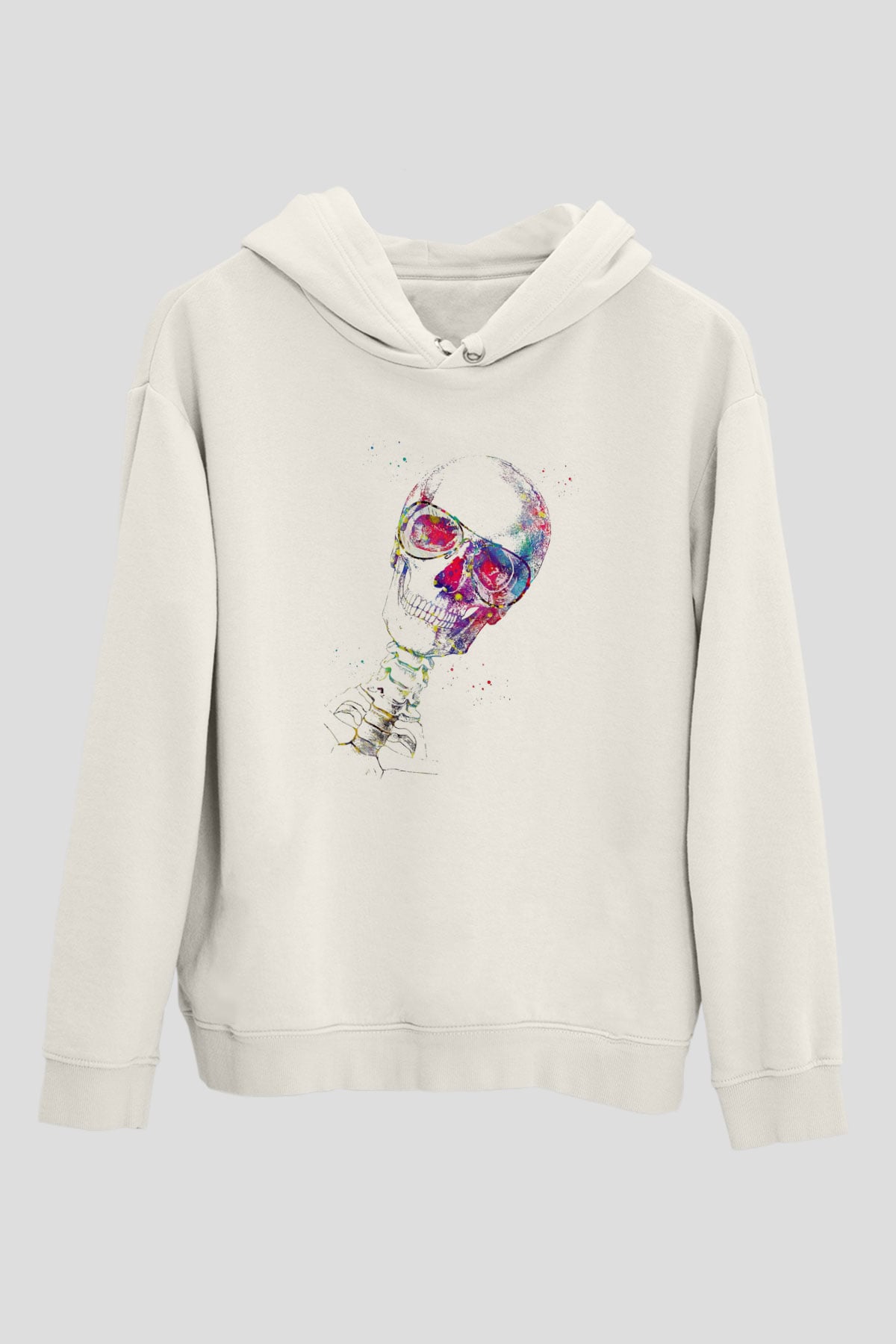 Kafatası Anatomi Baskılı Unisex Ekru Hoodie