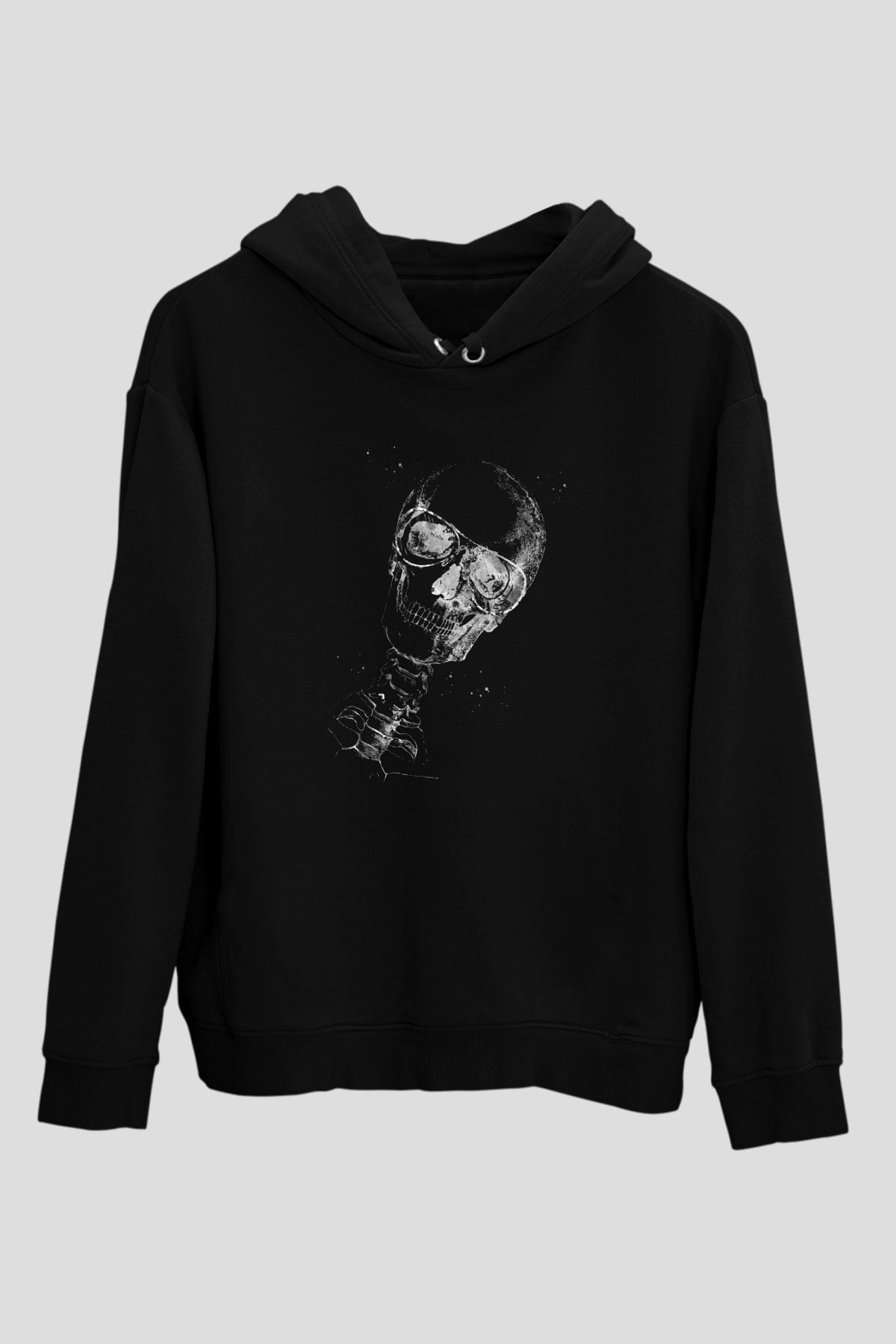 Kafatası Anatomi Baskılı Unisex Siyah Kapüşonlu Sweatshirt