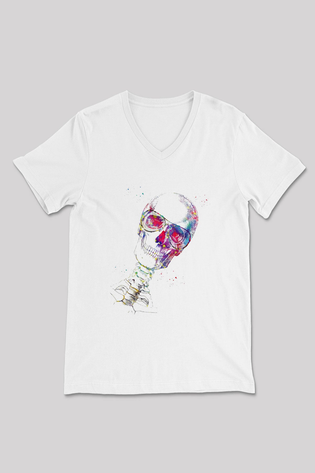 Kafatası Anatomi Baskılı Unisex V Yaka Beyaz Tişört - Tshirt