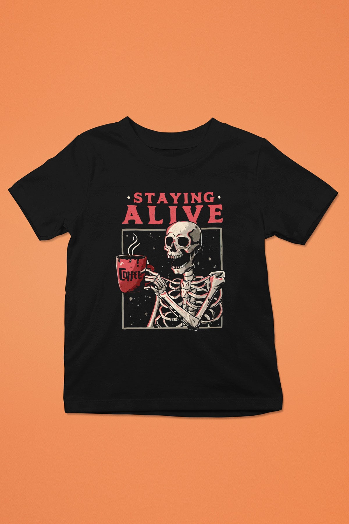 Kahve İçen İskelet Baskılı Unisex Siyah  Çocuk Tişört