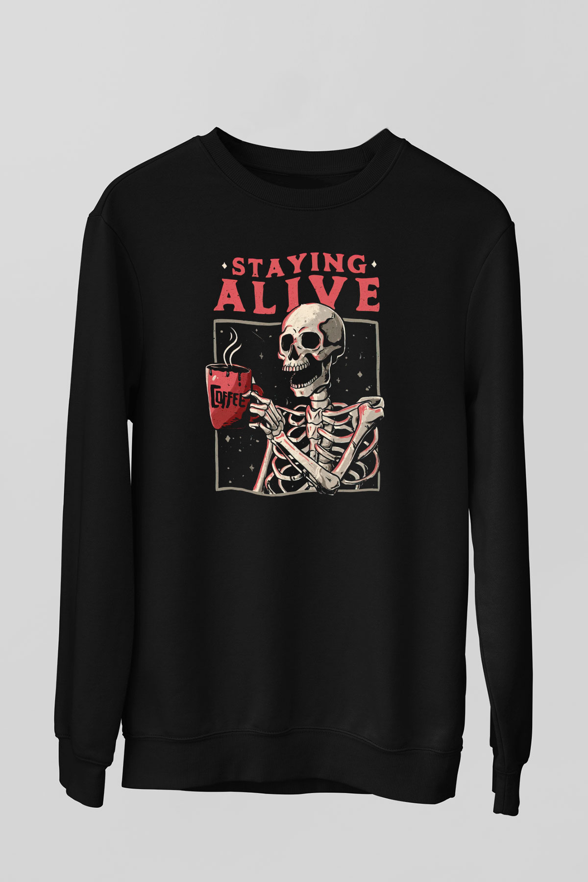 Kahve İçen İskelet Baskılı Unisex Siyah  Sweatshirt