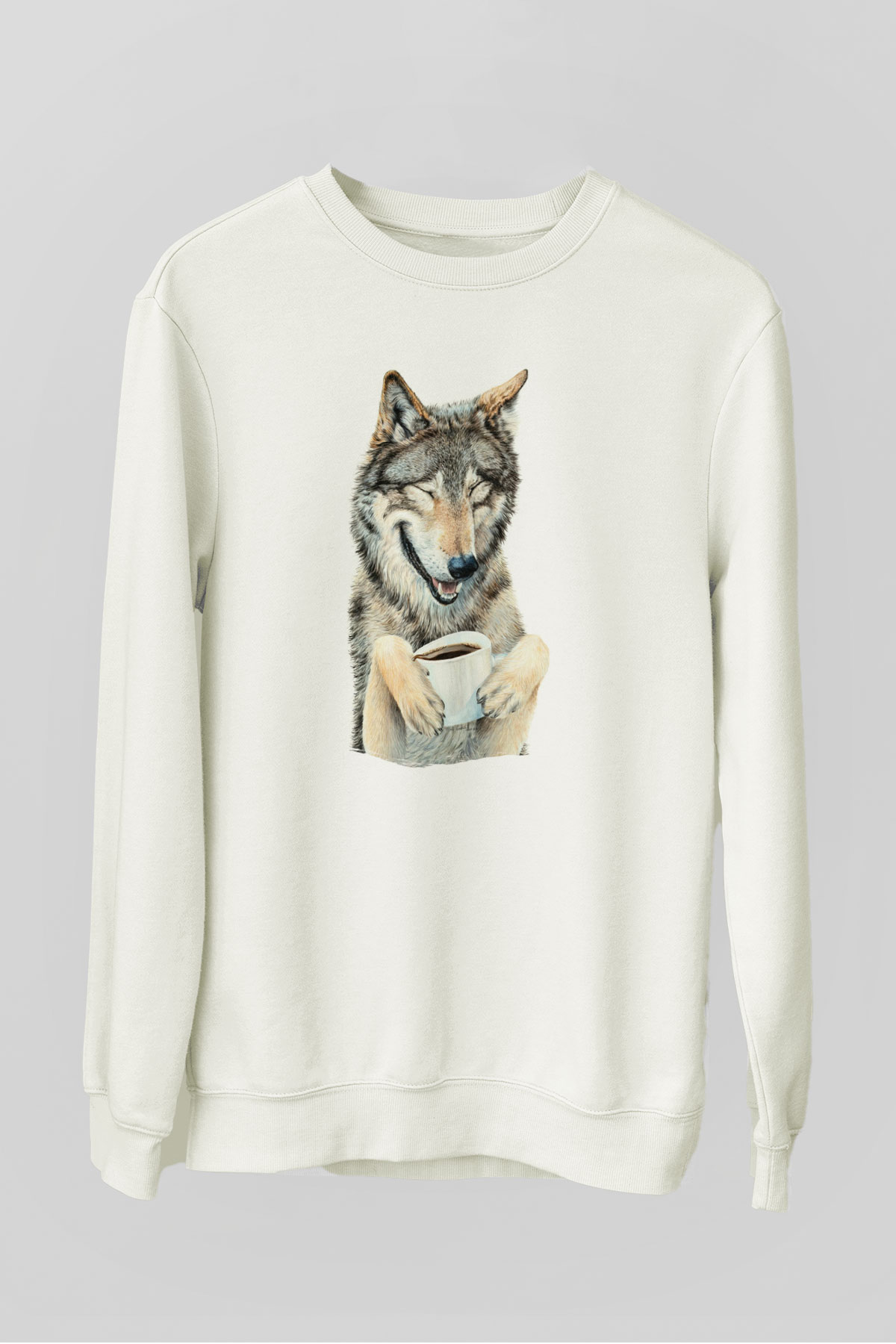 Kahve İçen Kurt Baskılı Unisex Beyaz  Sweatshirt