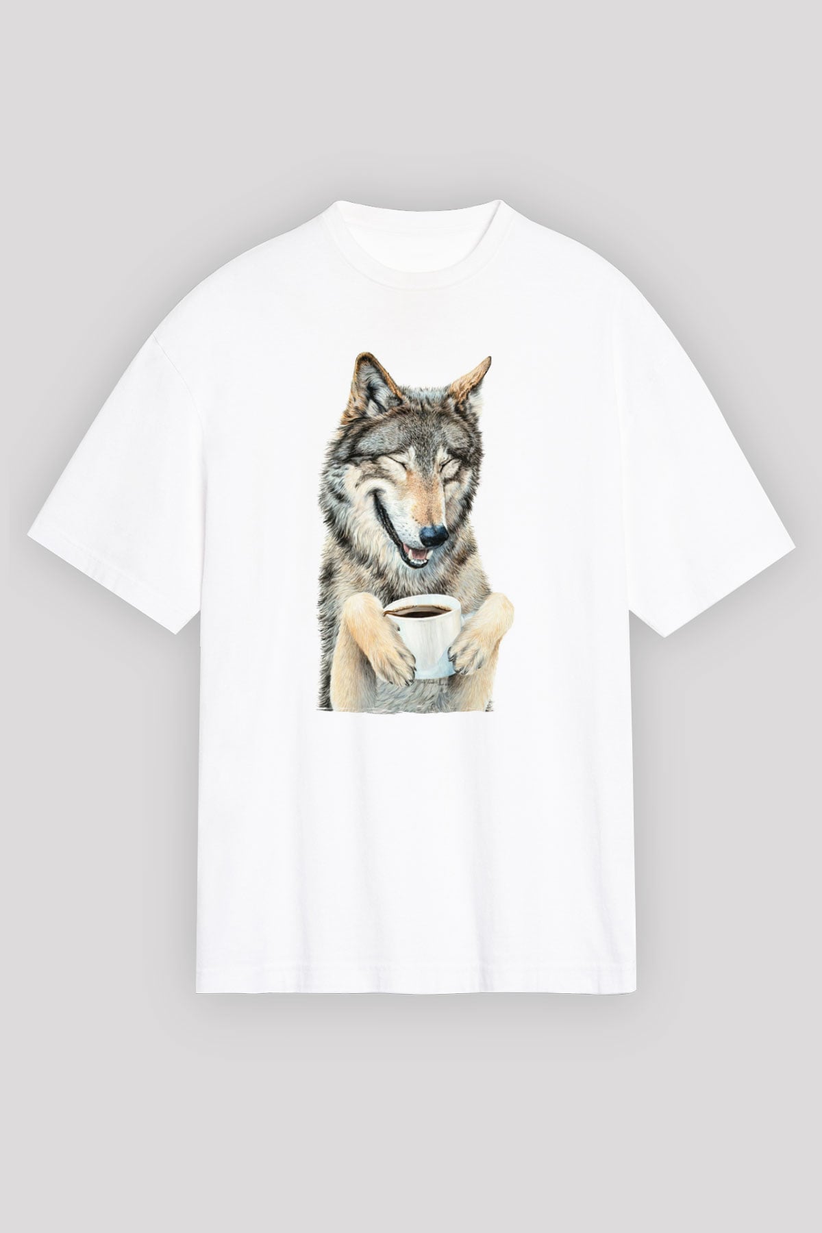 Kahve İçen Kurt Baskılı Unisex Beyaz Tişört