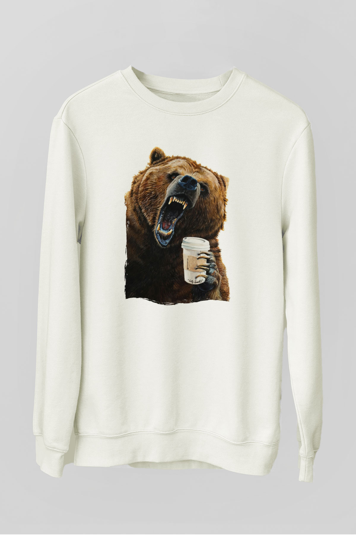 Kahve İçen Sinirli Ayı Baskılı Beyaz  Sweatshirt