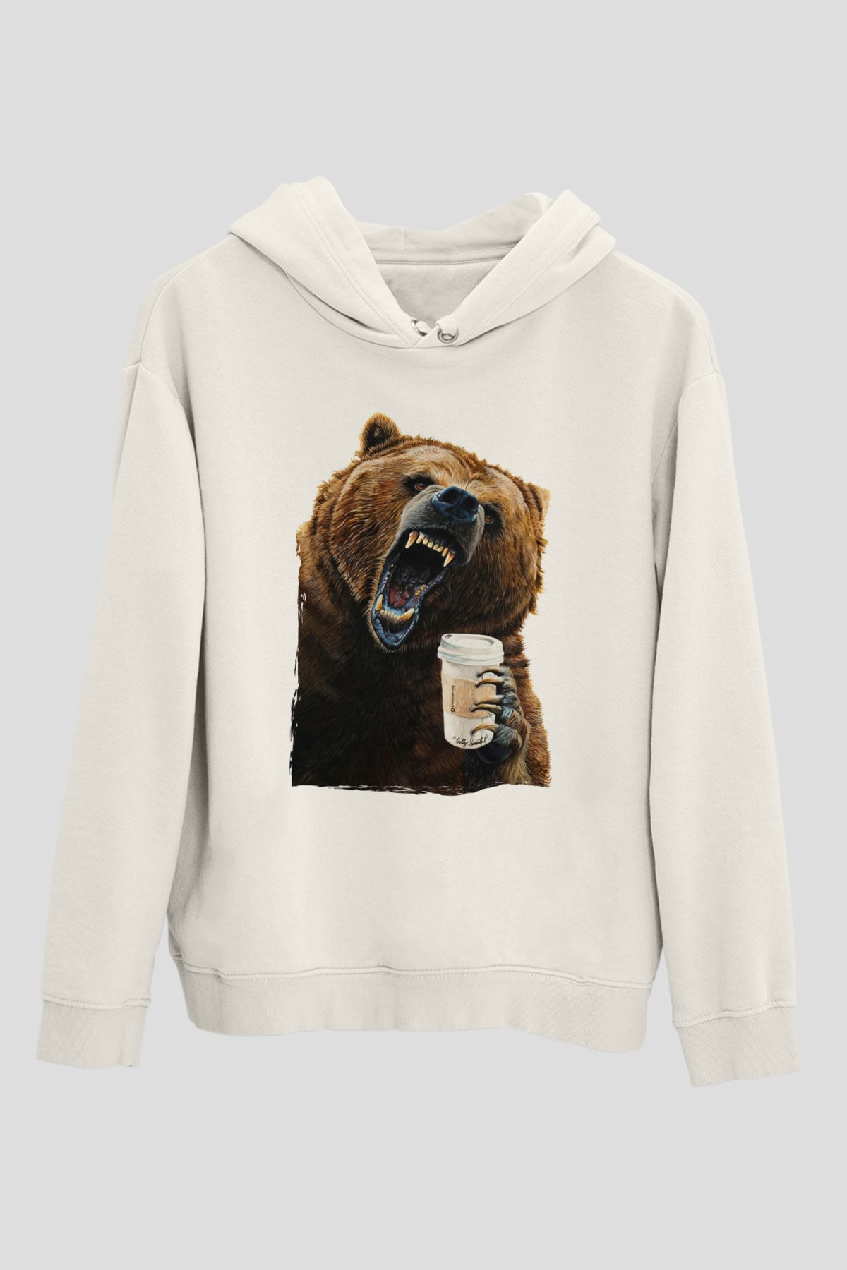 Kahve İçen Sinirli Ayı Beyaz  Unisex Hoodie