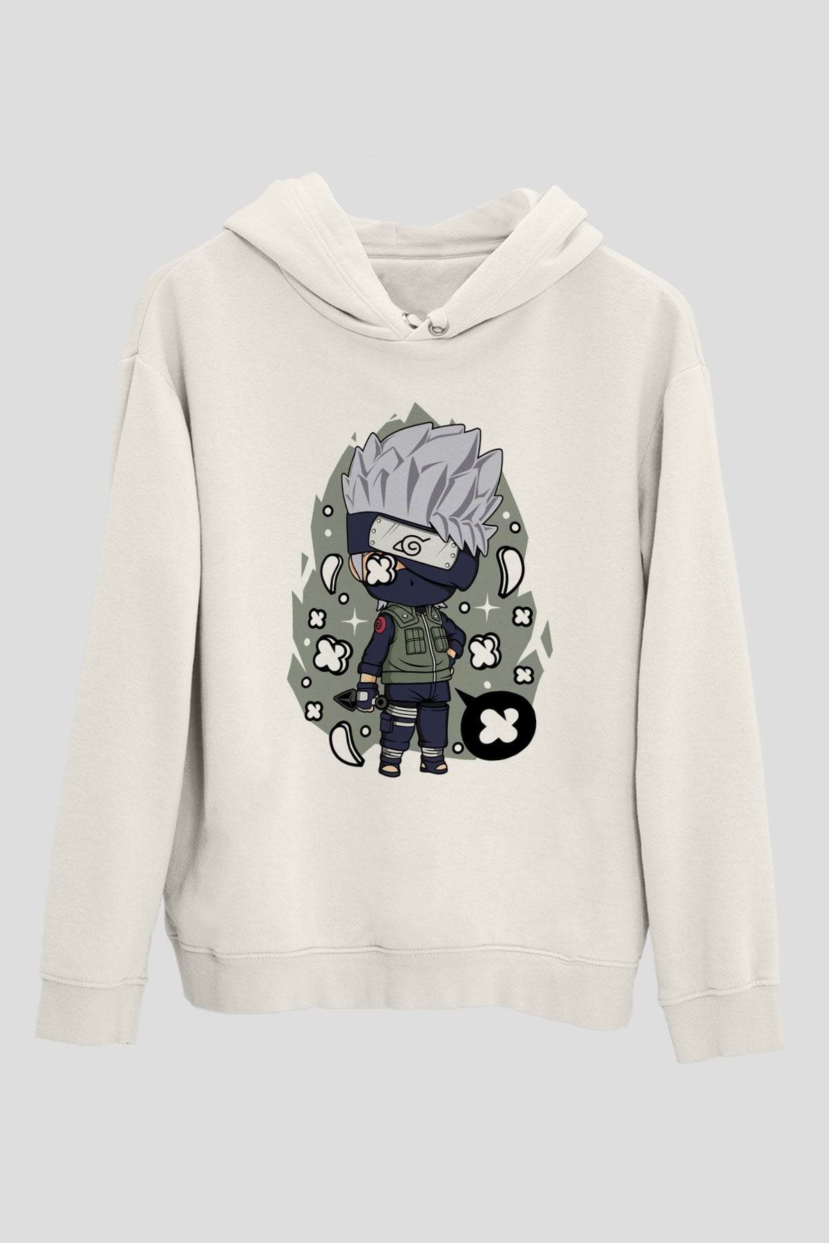 Kakashi Baskılı Beyaz Unisex Hoodie