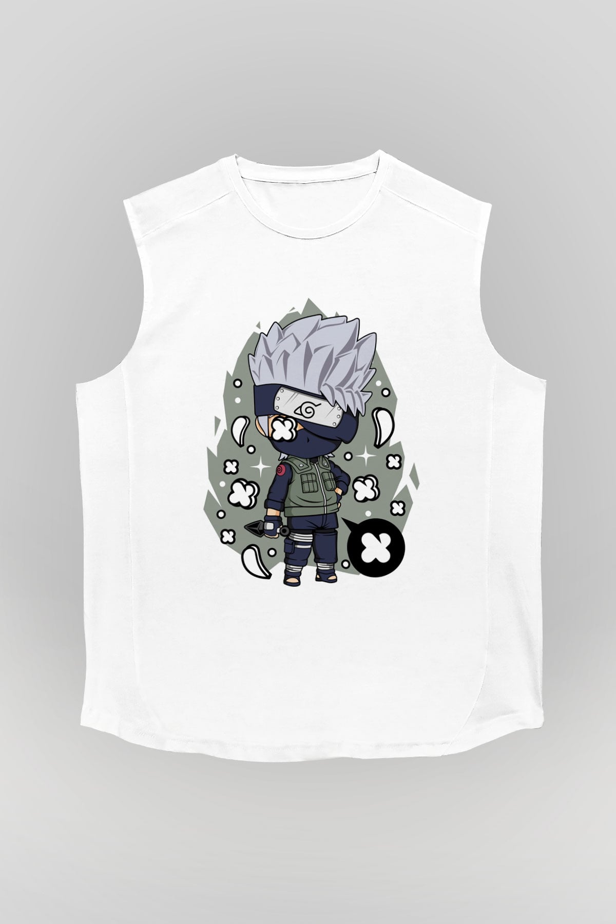 Kakashi Baskılı Beyaz Unisex Kolsuz Tişört