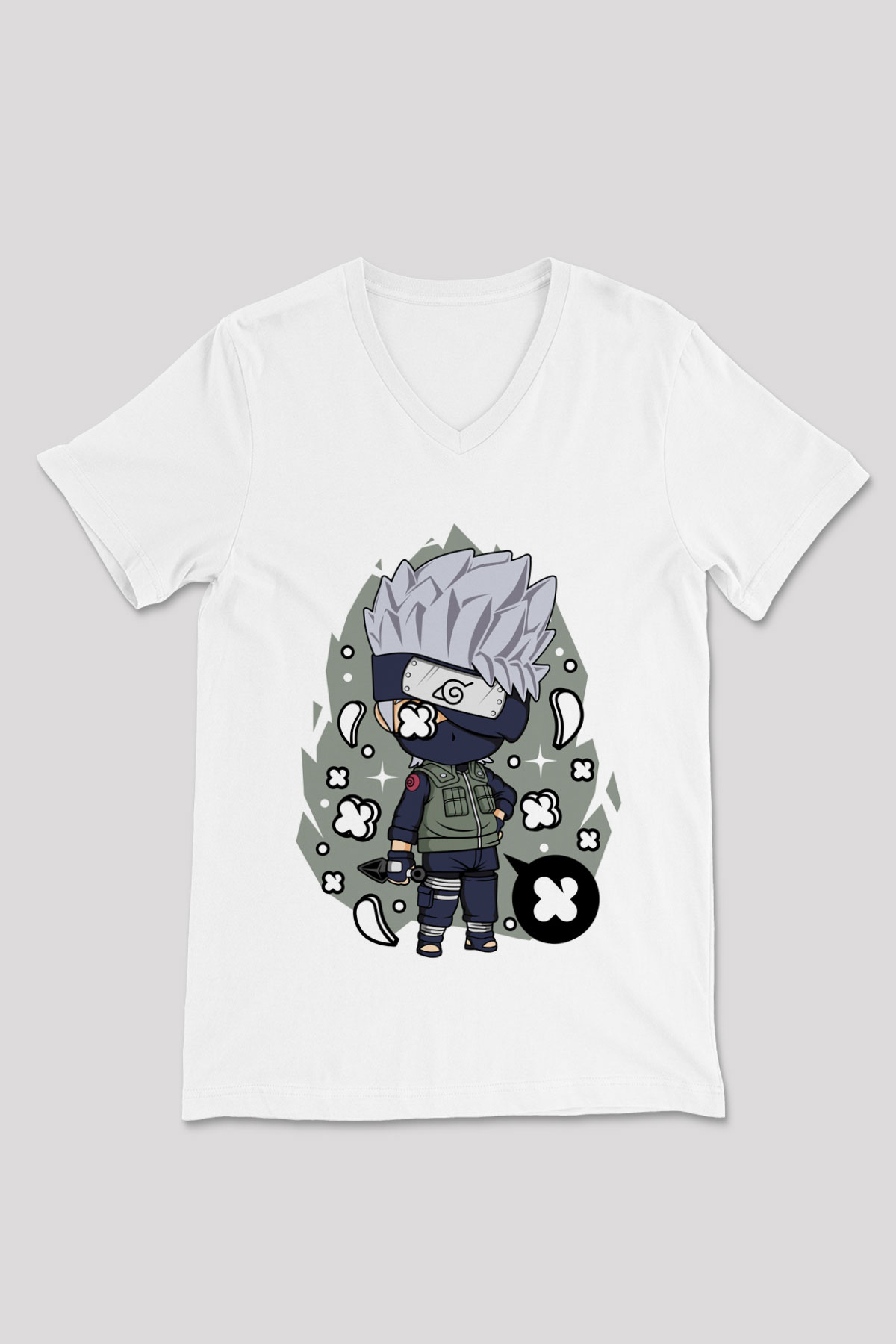 Kakashi Baskılı Beyaz Unisex V Yaka Tişört