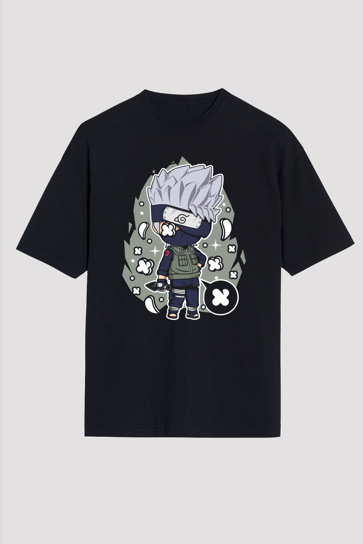 Kakashi Baskılı Unisex Siyah Oversize Tişört