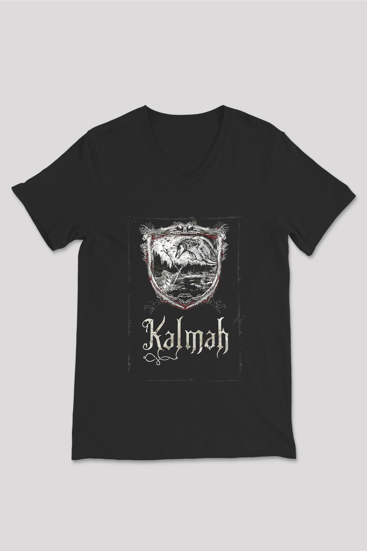 Kalmah Baskılı Unisex Siyah V Yaka Tişört - Tshirt