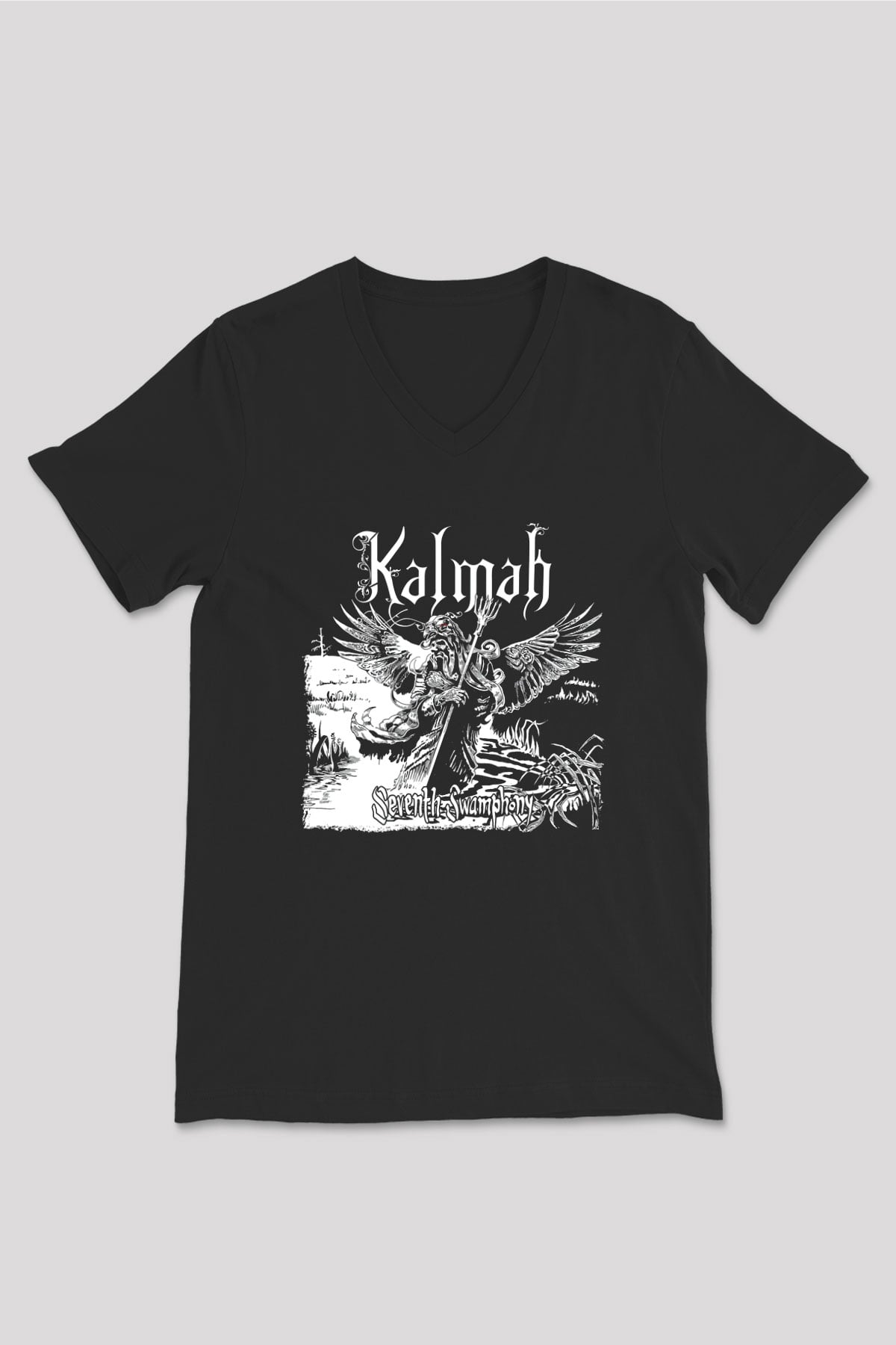 Kalmah Baskılı Unisex Siyah V Yaka Tişört - Tshirt