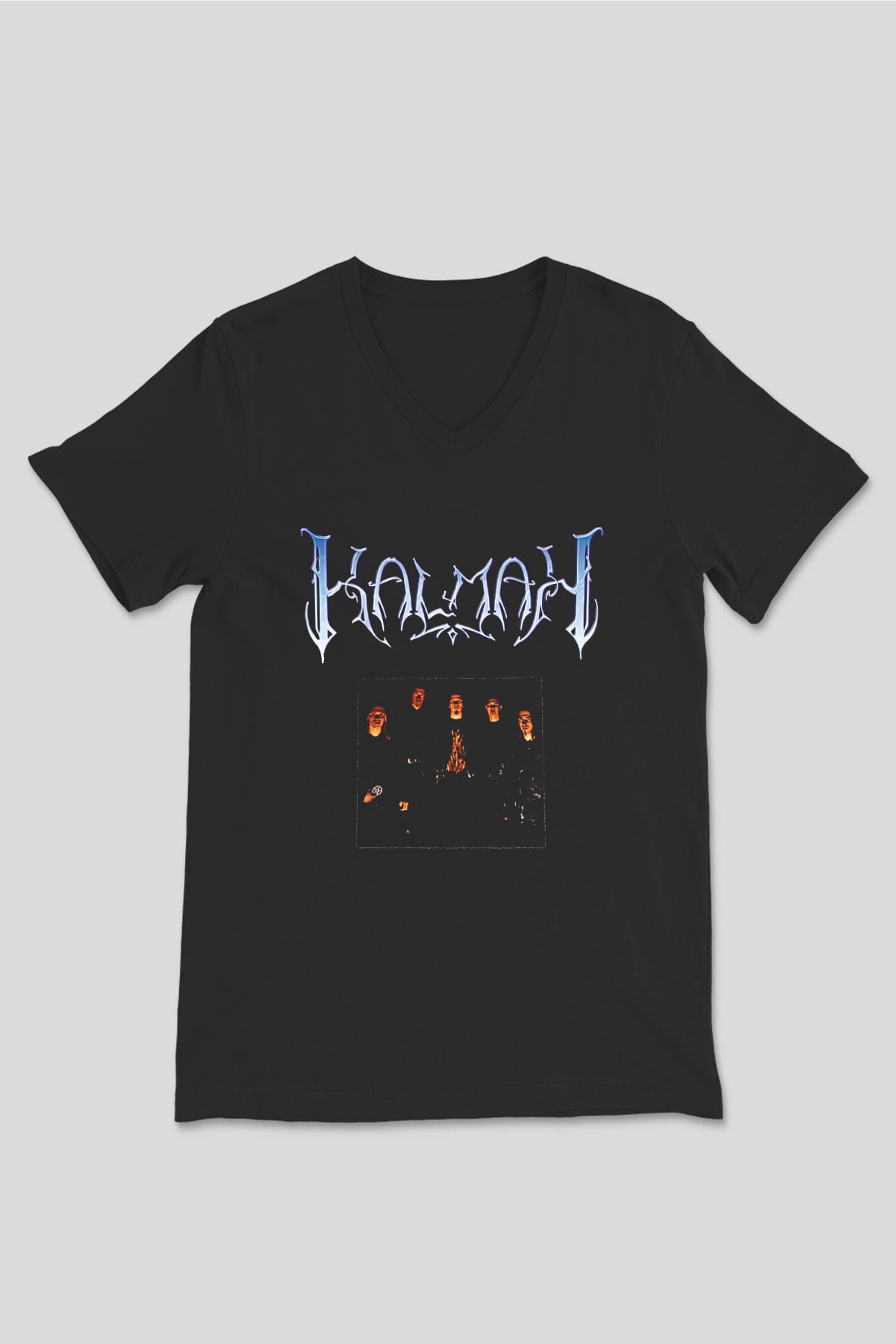 Kalmah Baskılı Unisex Siyah V Yaka Tişört - Tshirt