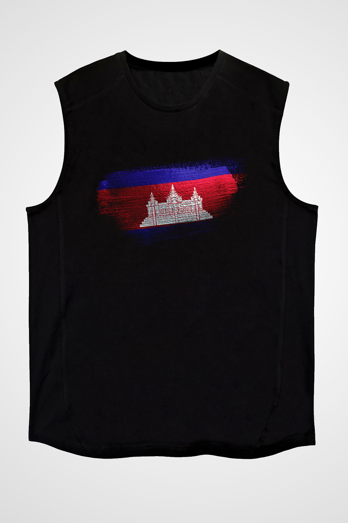 Kamboçya - Cambodia Bayrağı Baskılı Unisex Siyah Kolsuz Tişört