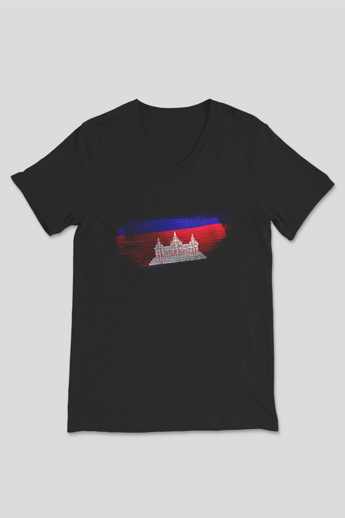 Kamboçya - Cambodia Bayrağı Baskılı Unisex Siyah V Yaka Tişört