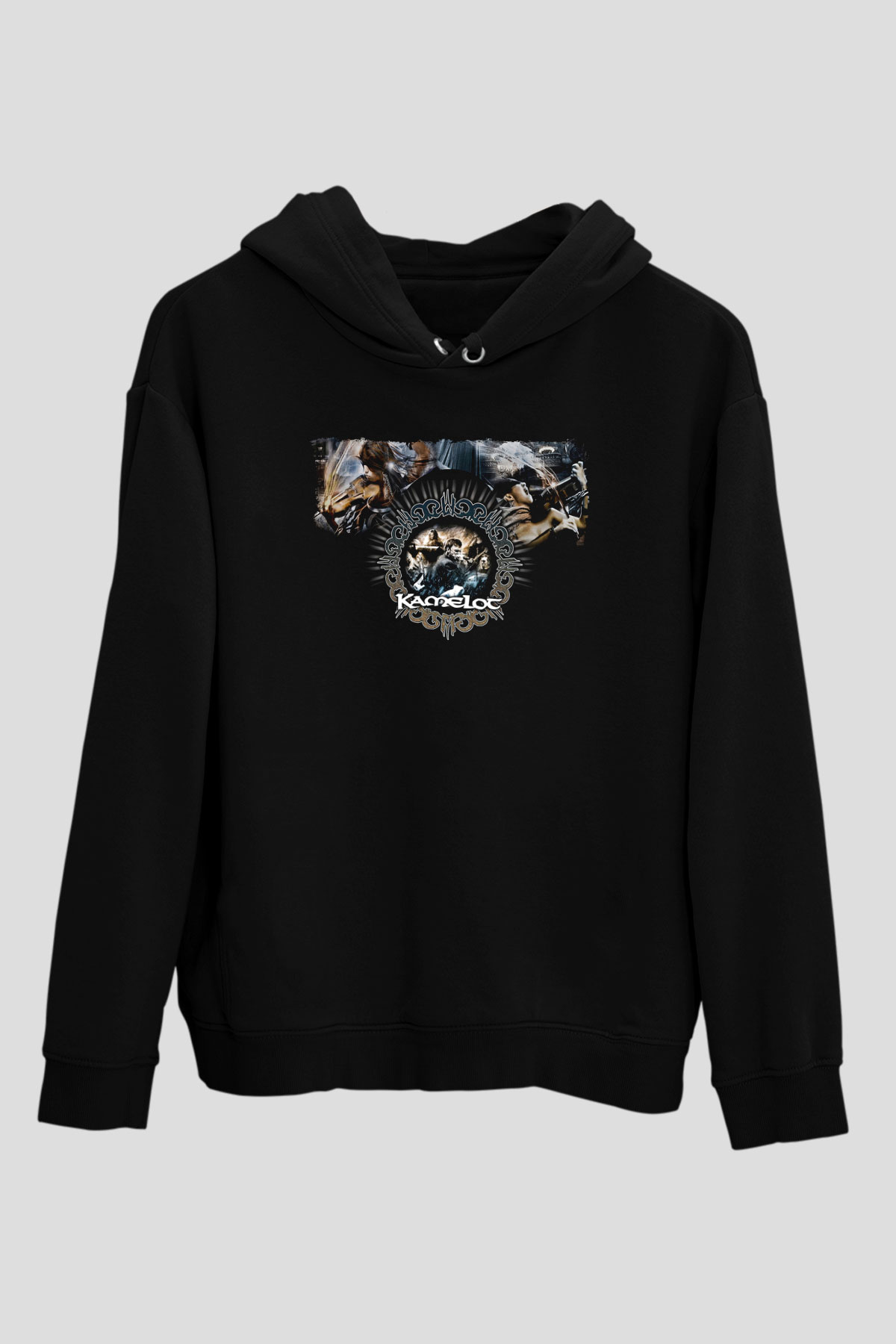 Kamelot Baskılı Unisex Siyah Kapüşonlu Sweatshirt