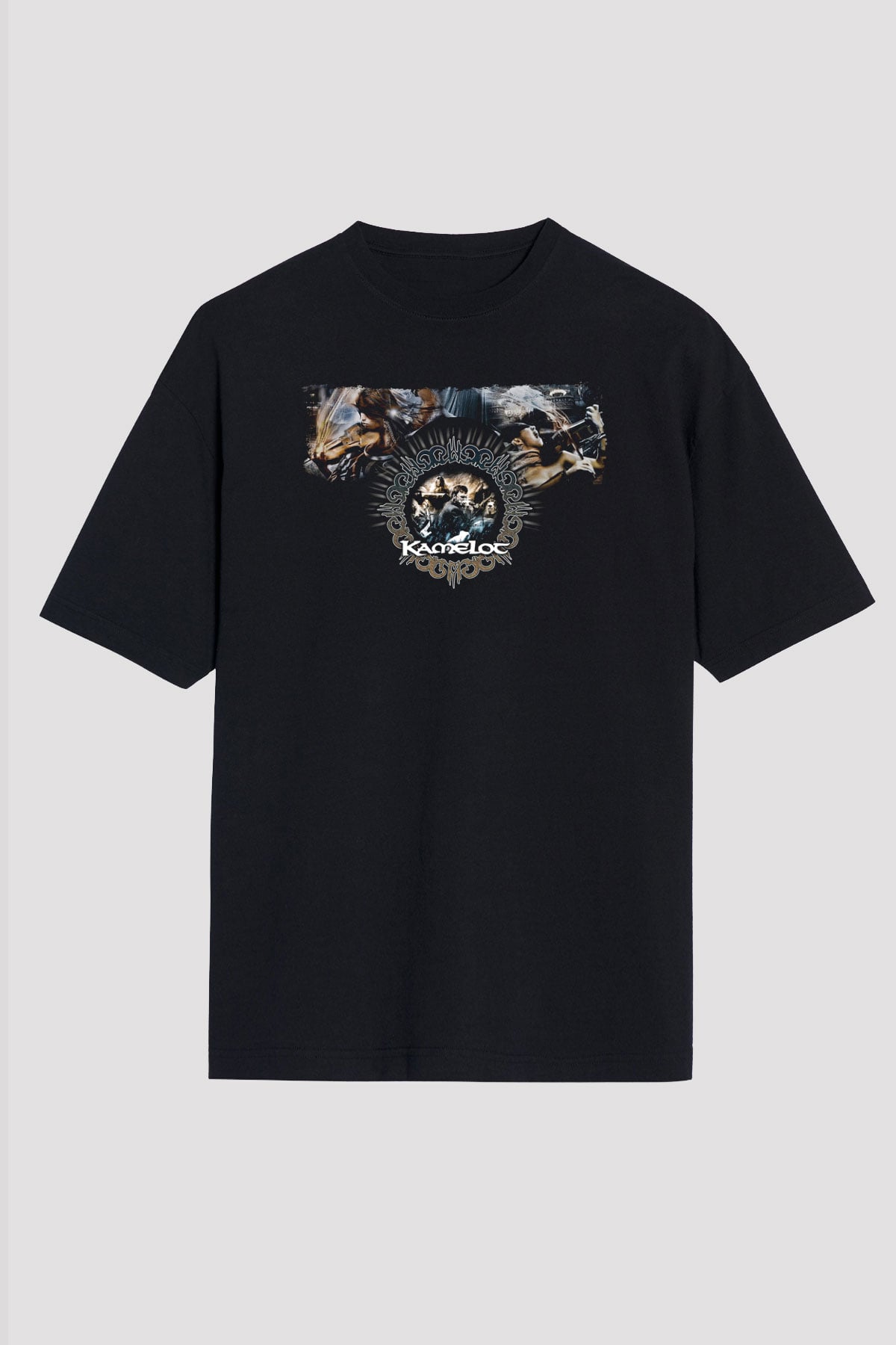 Kamelot Baskılı Unisex Siyah Oversize Tişört - Tshirt