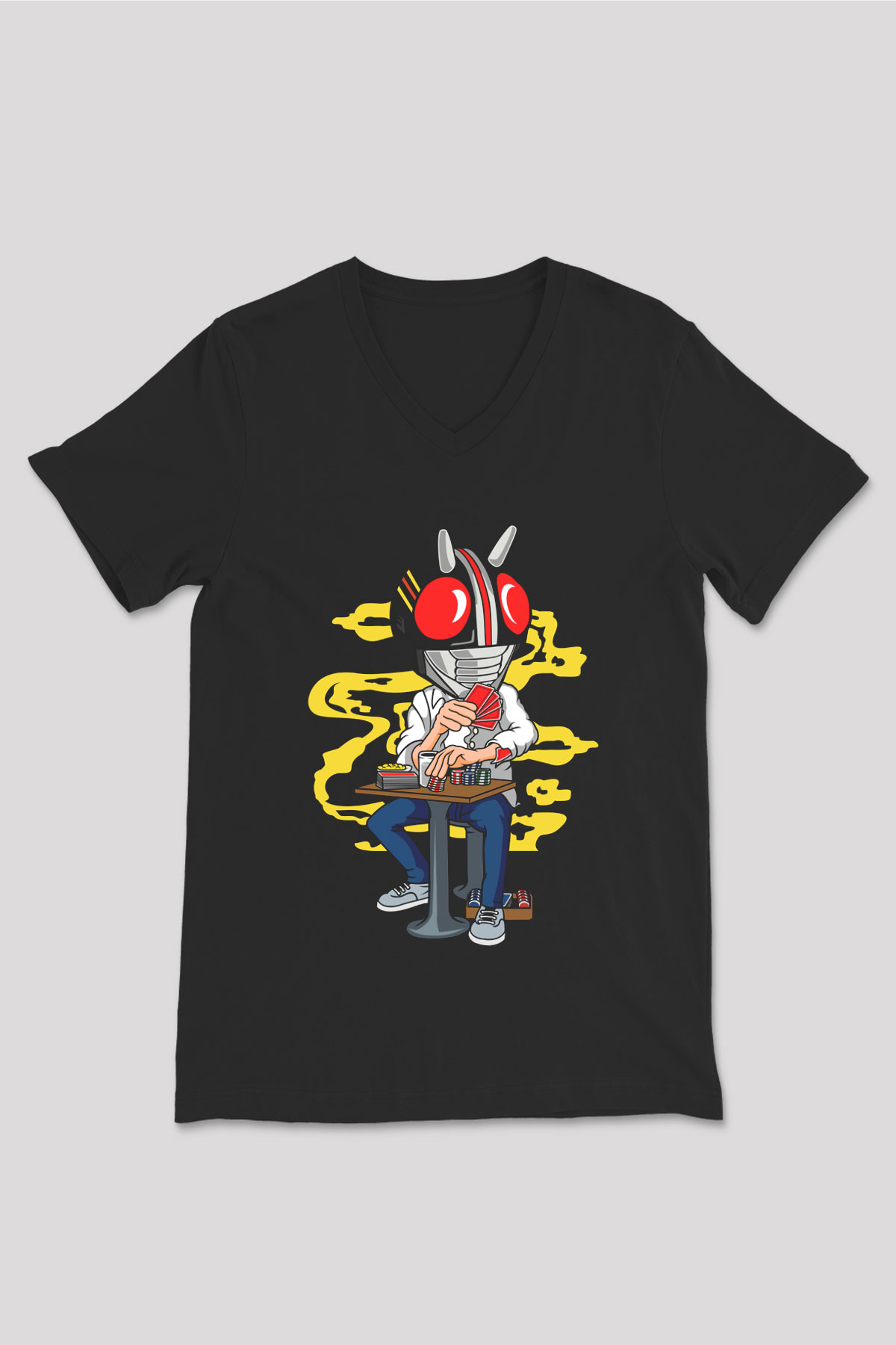 Kamen Gambler Baskılı Unisex Siyah V Yaka Tişört