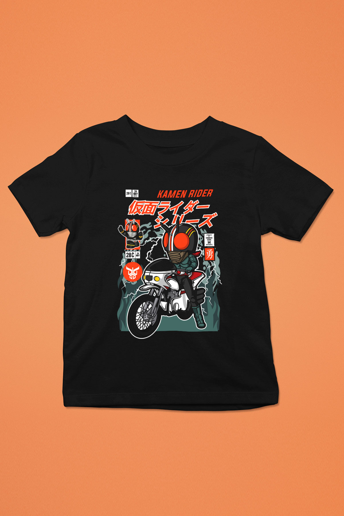 Kamen Motorider Baskılı Unisex Siyah Çocuk Tişört