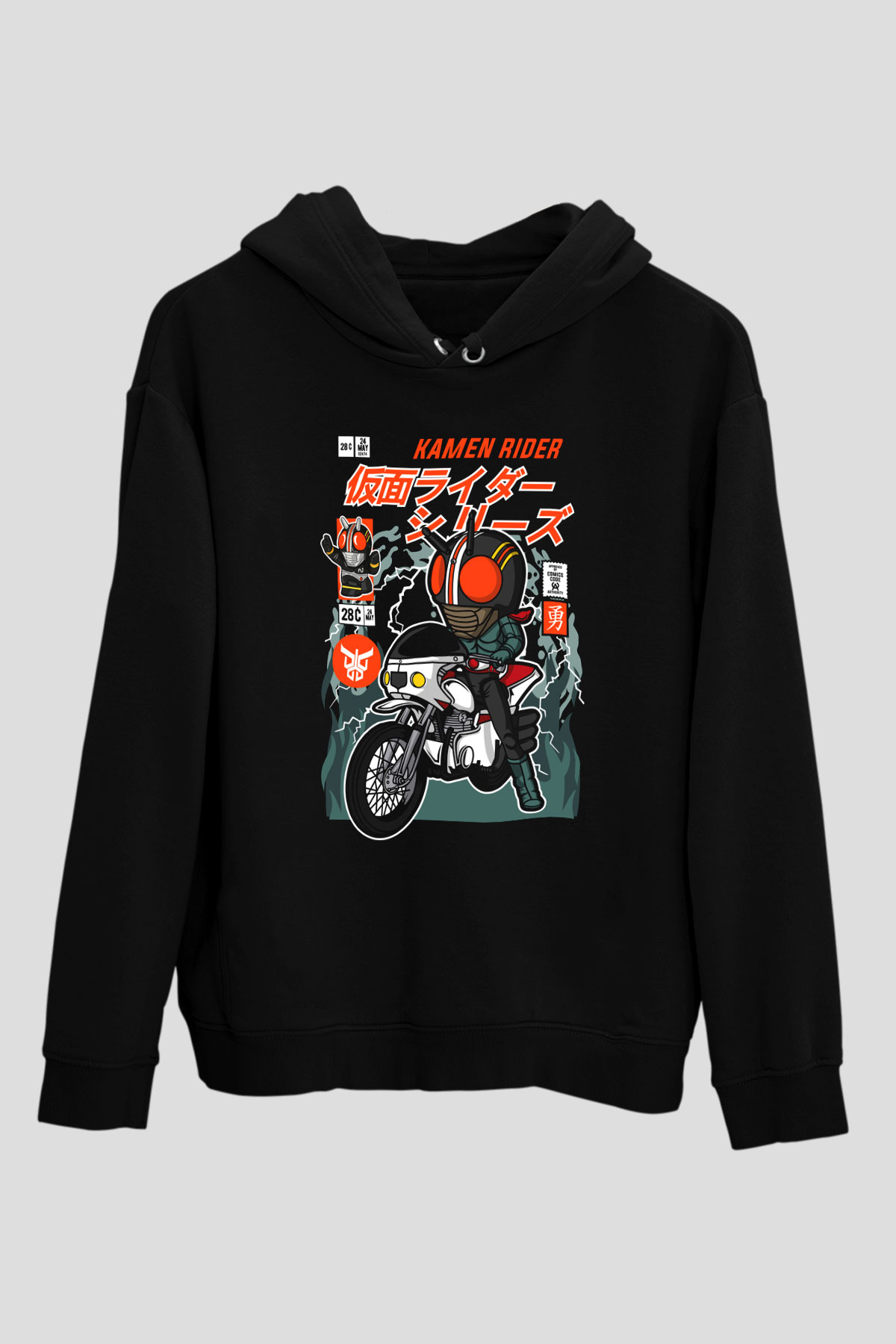 Kamen Motorider Baskılı Unisex Siyah Hoodie