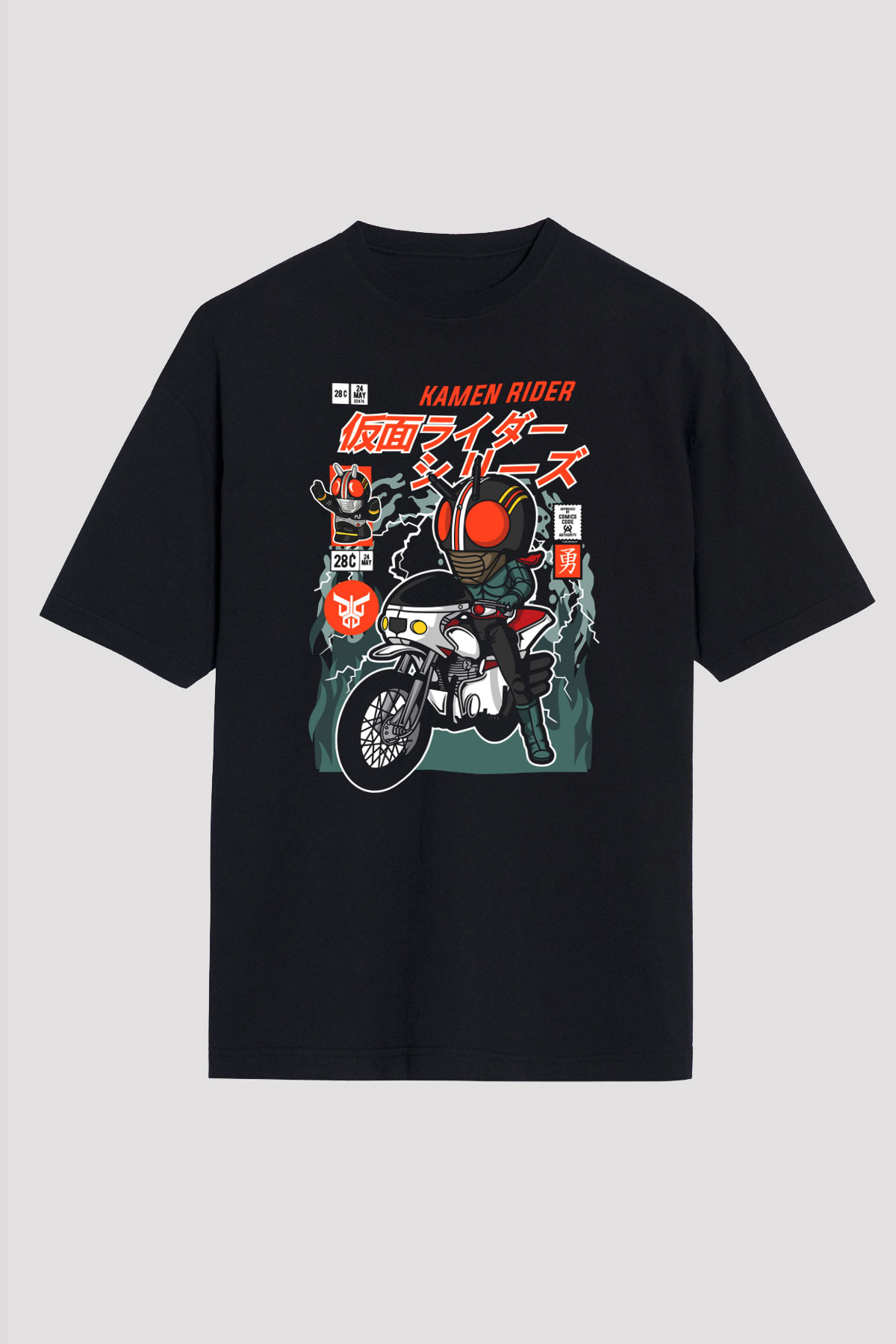Kamen Motorider Baskılı Unisex Siyah Oversize Tişört