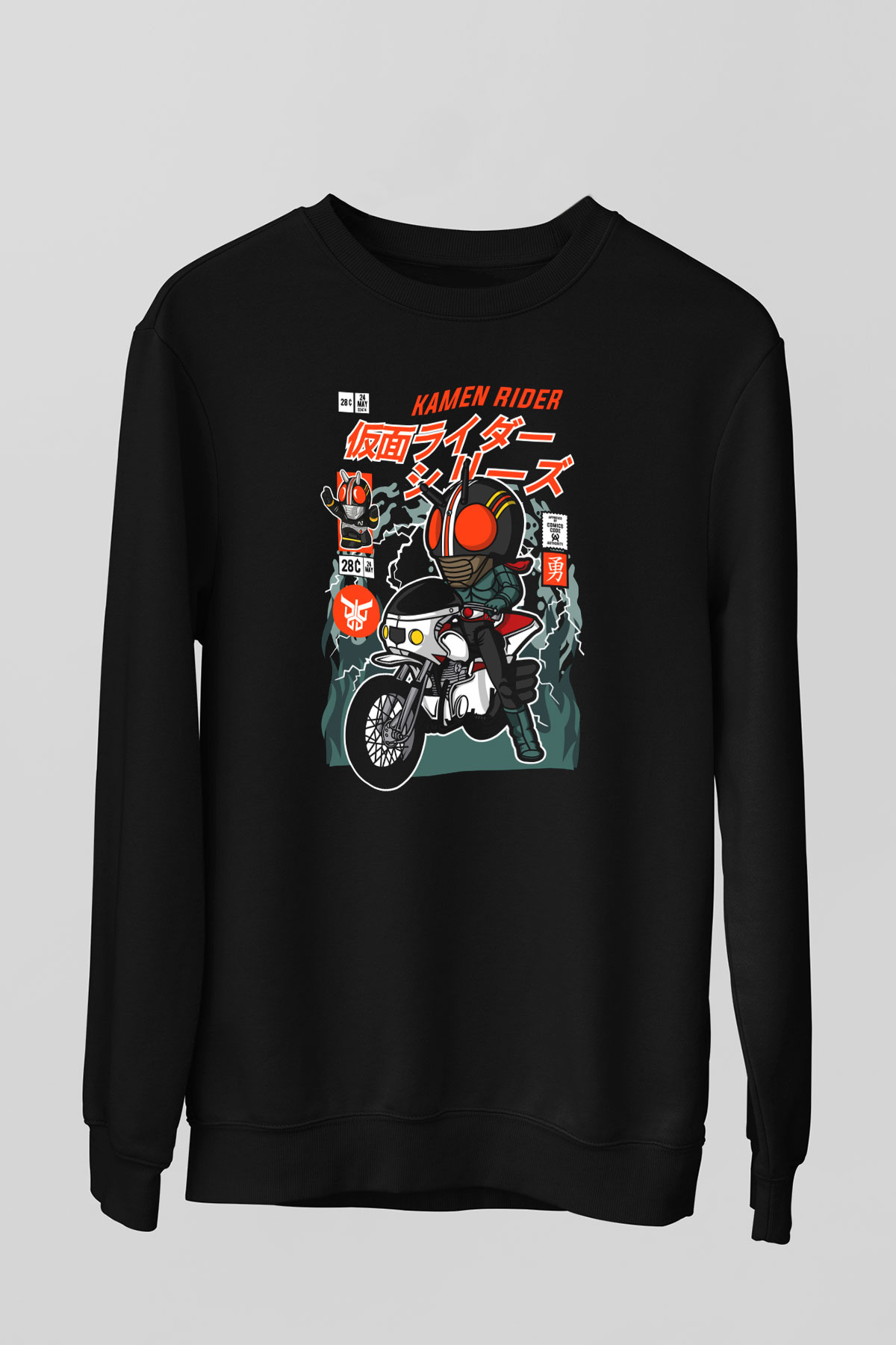 Kamen Motorider Baskılı Unisex Siyah Sweatshirt