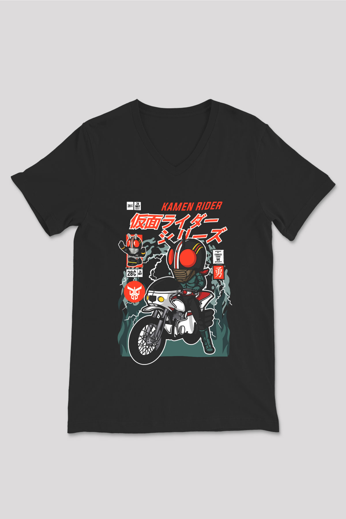 Kamen Motorider Baskılı Unisex Siyah V Yaka Tişört