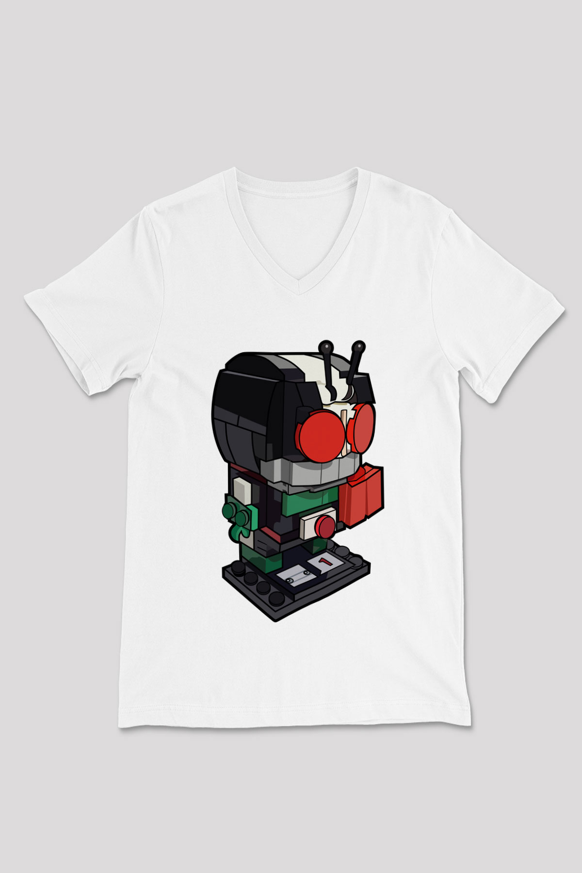 Kamen Rider Lego Baskılı Beyaz Unisex V Yaka Tişört