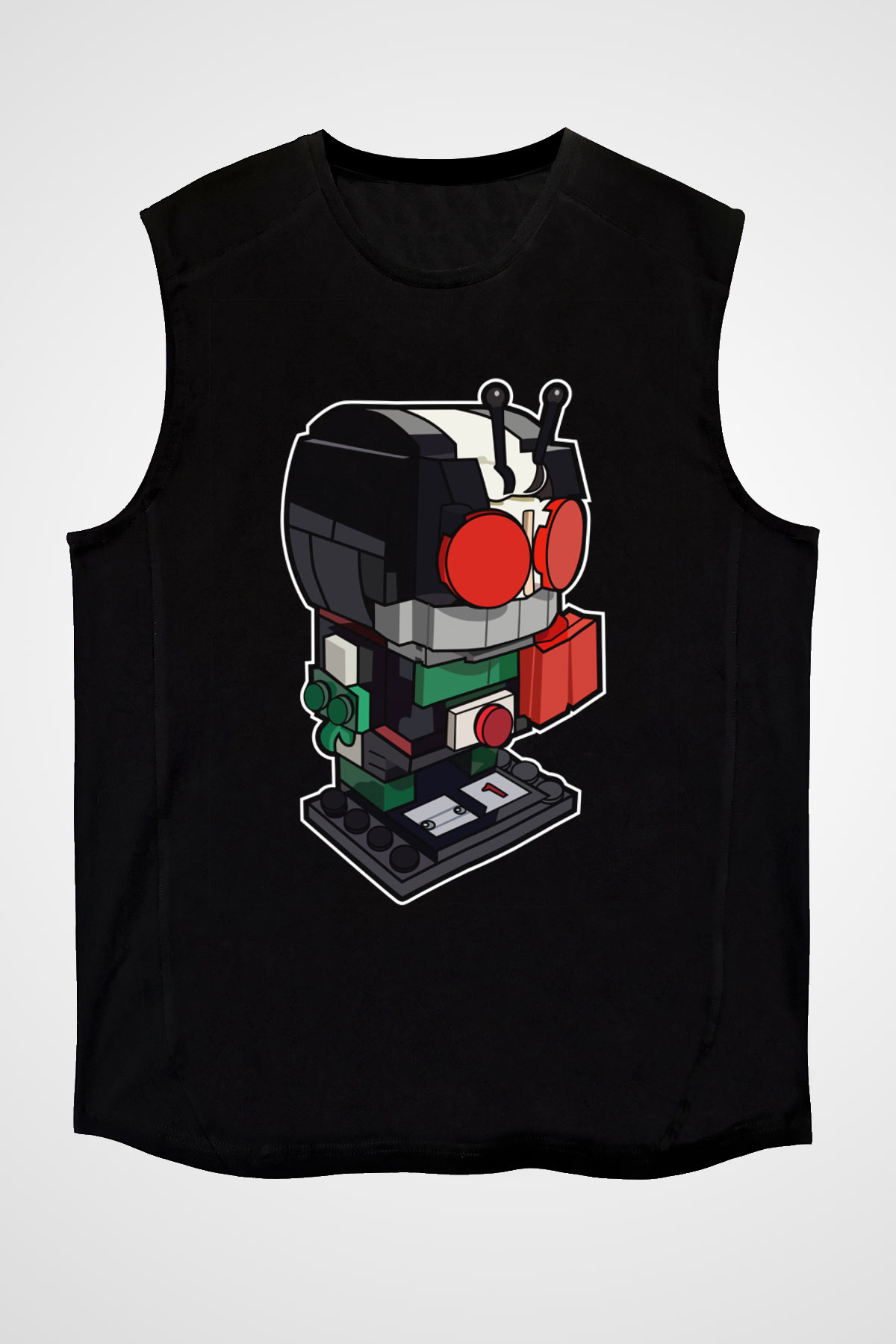 Kamen Rider Lego Baskılı Siyah Unisex Kolsuz Tişört