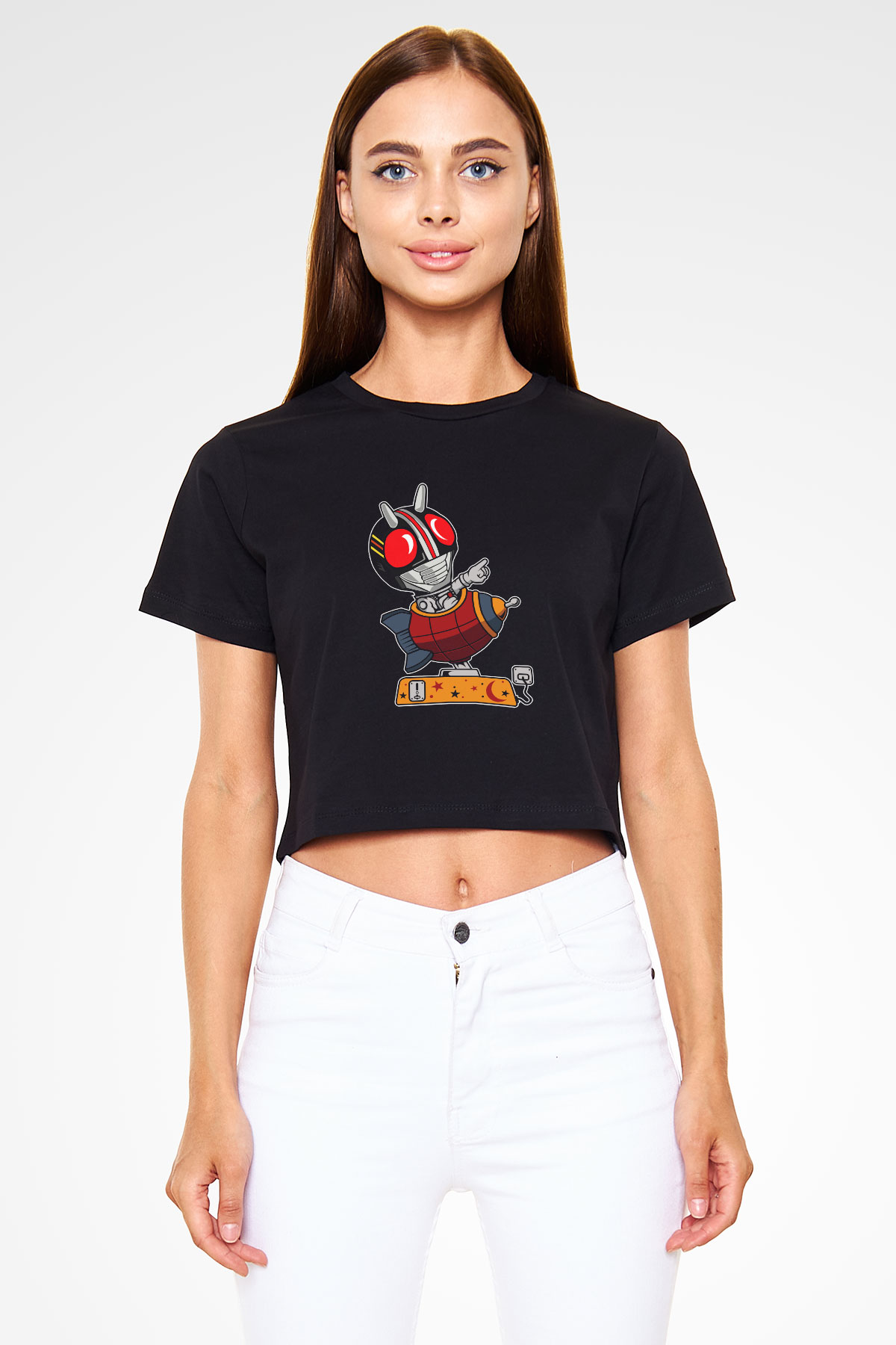 Kamen Rocket Baskılı Siyah Kadın Crop Top Tişört
