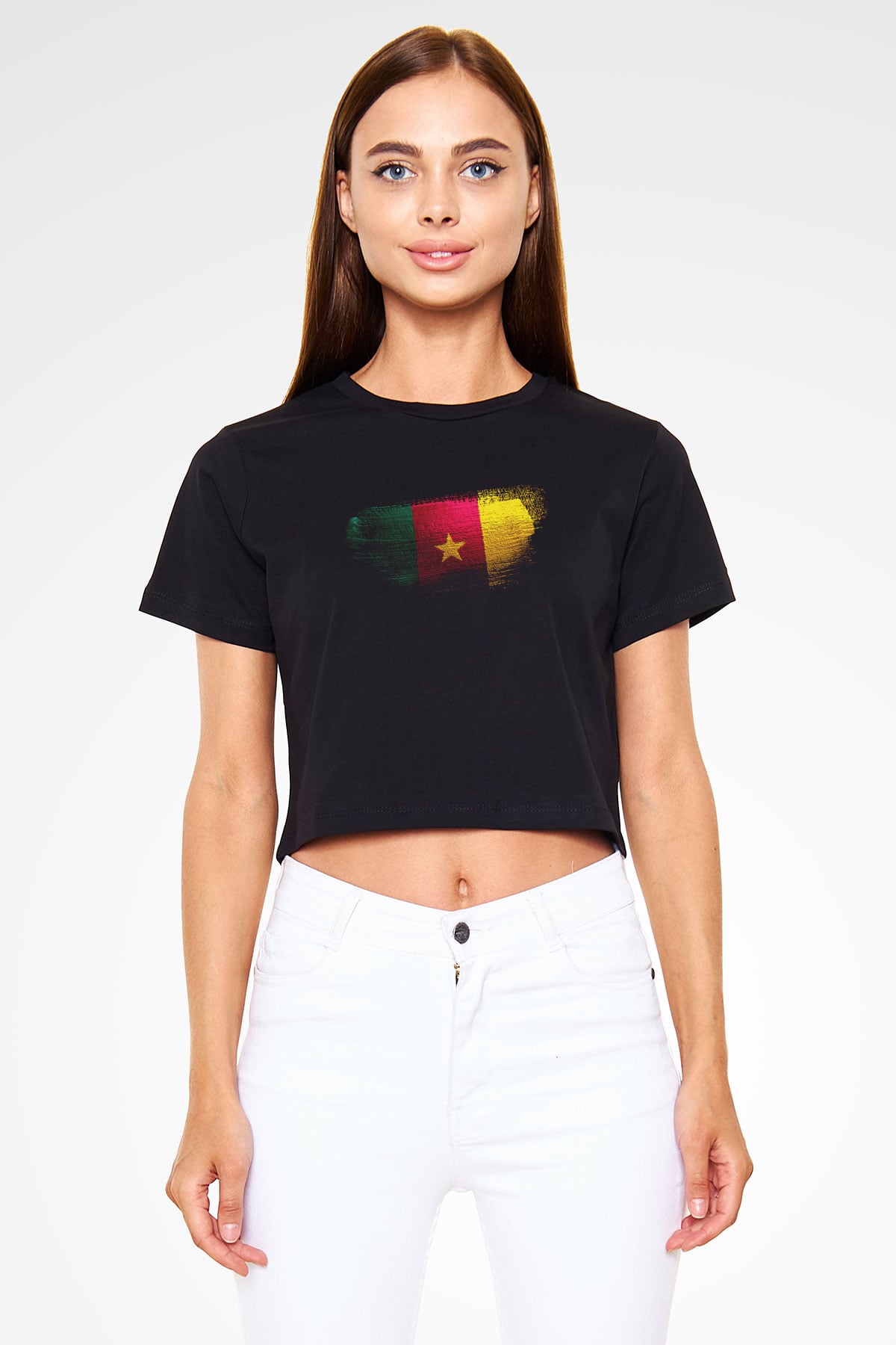 Kamerun - Cameroon Bayrağı Baskılı Kadın Crop Top Siyah Tişört