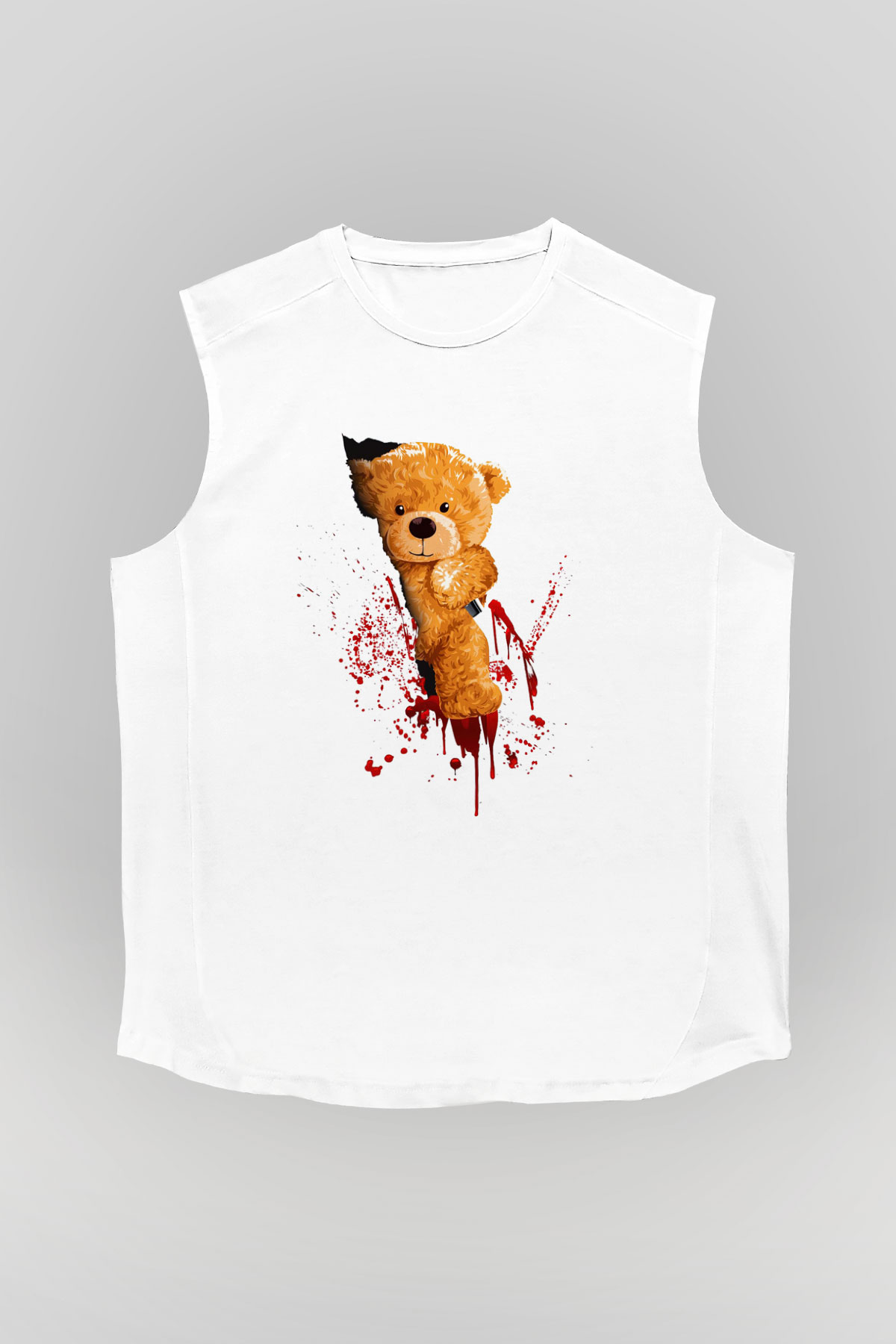 Kanlı Teddy Temalı Baskılı Unisex Beyaz  Kolsuz Tişört