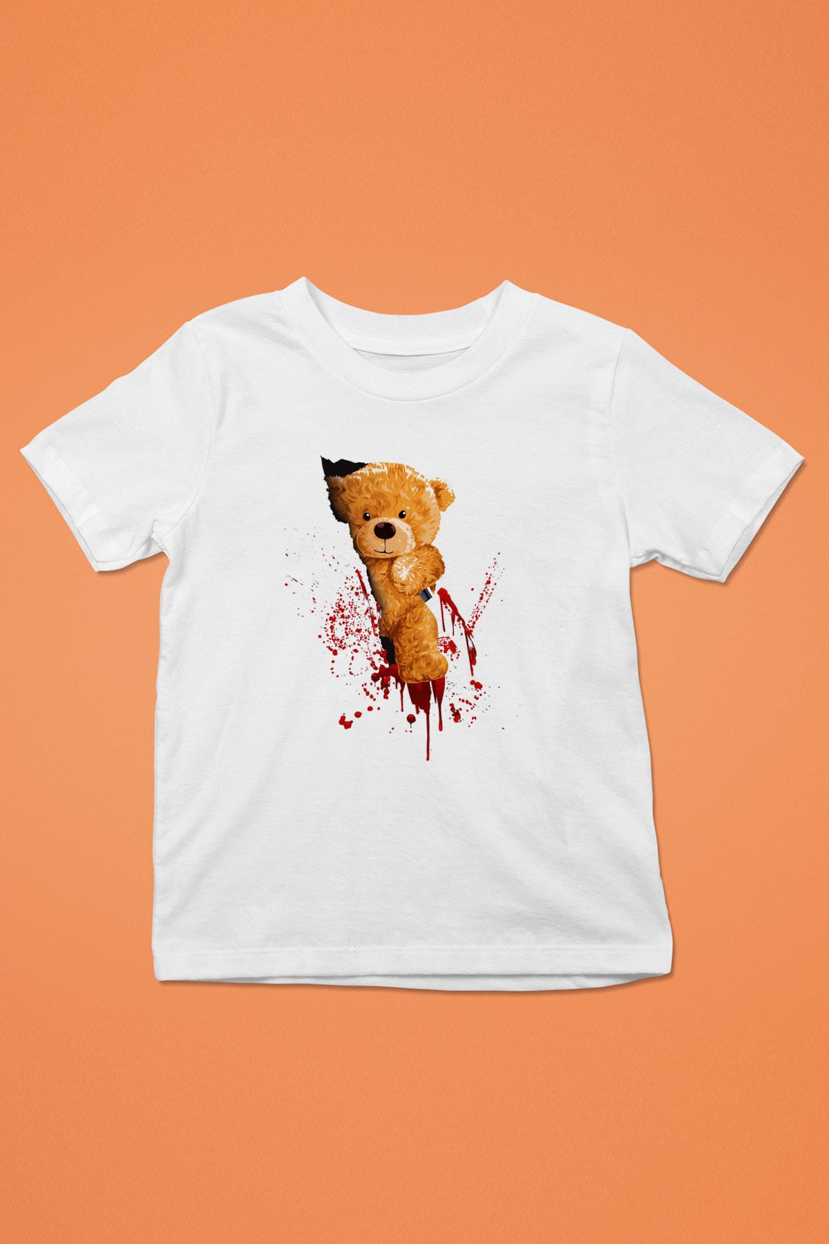 Kanlı Teddy Temalı Baskılı Unisex Beyaz  Çocuk Tişört