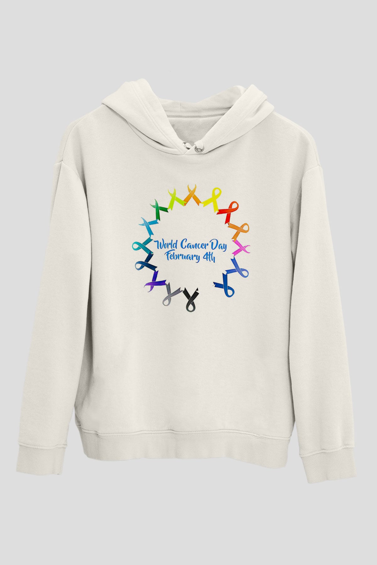 Kanser Günü Baskılı Beyaz Unisex Kapüşonlu Sweatshirt