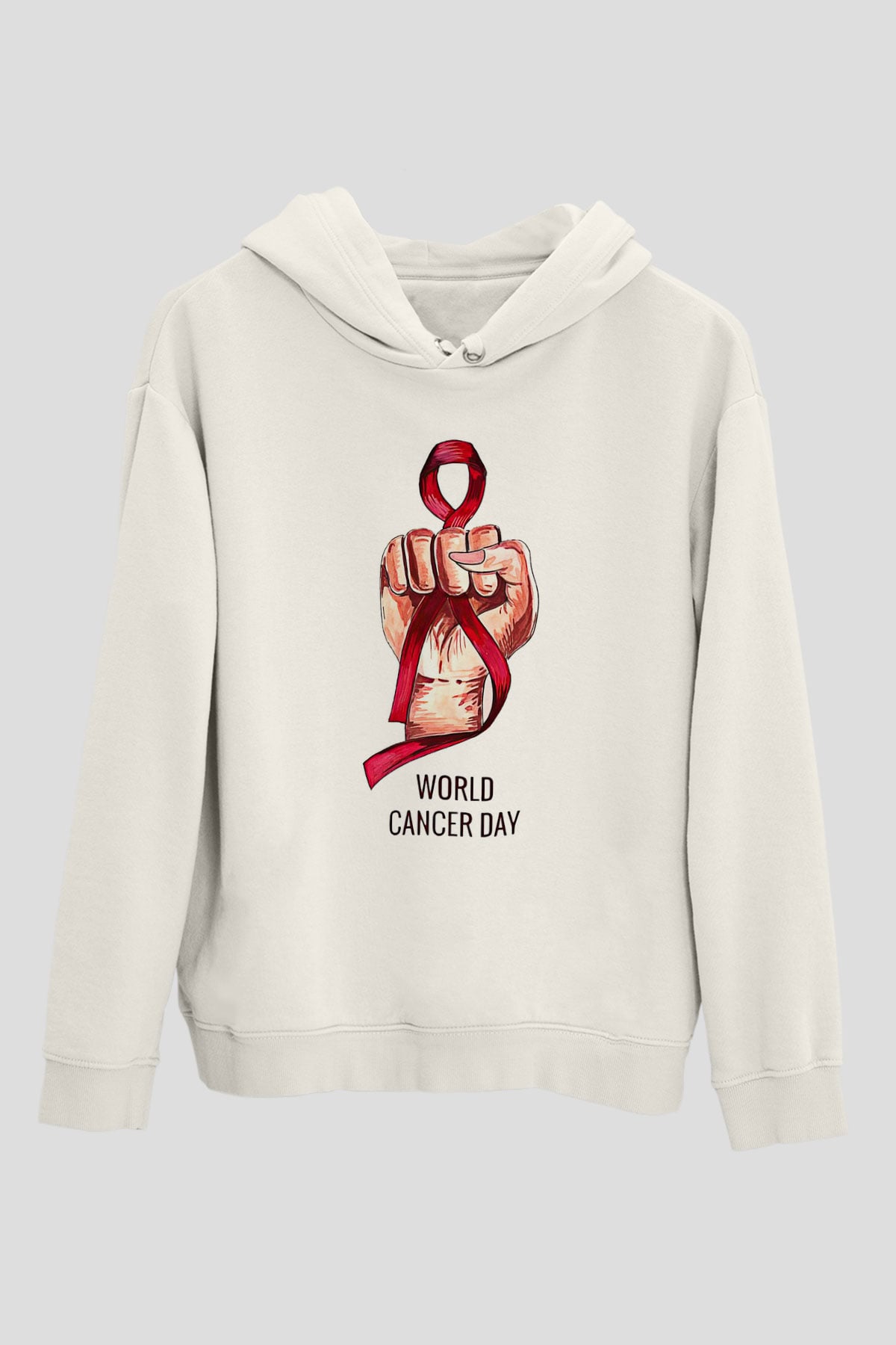 Kanser Günü Baskılı Beyaz Unisex Kapüşonlu Sweatshirt
