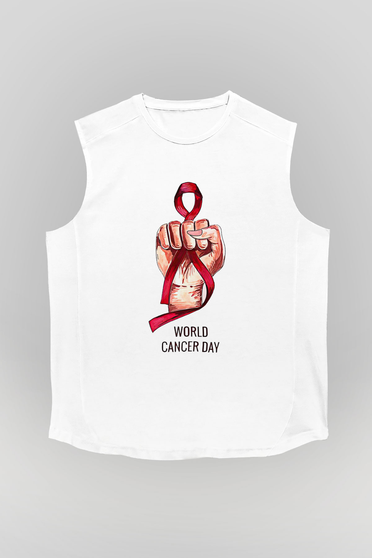 Kanser Günü Baskılı Beyaz Unisex Kolsuz Tişört - Tshirt
