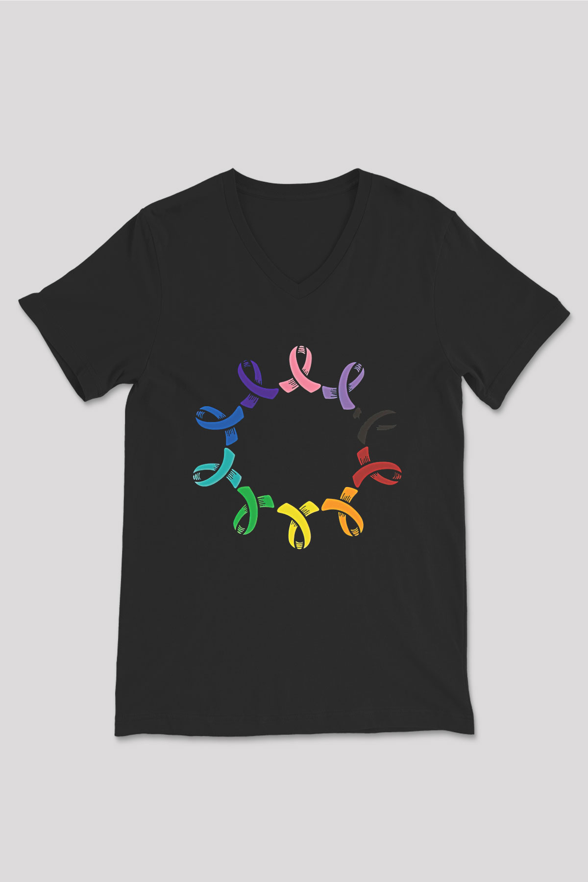 Kanser Günü Baskılı Unisex Siyah V Yaka Tişört - Tshirt
