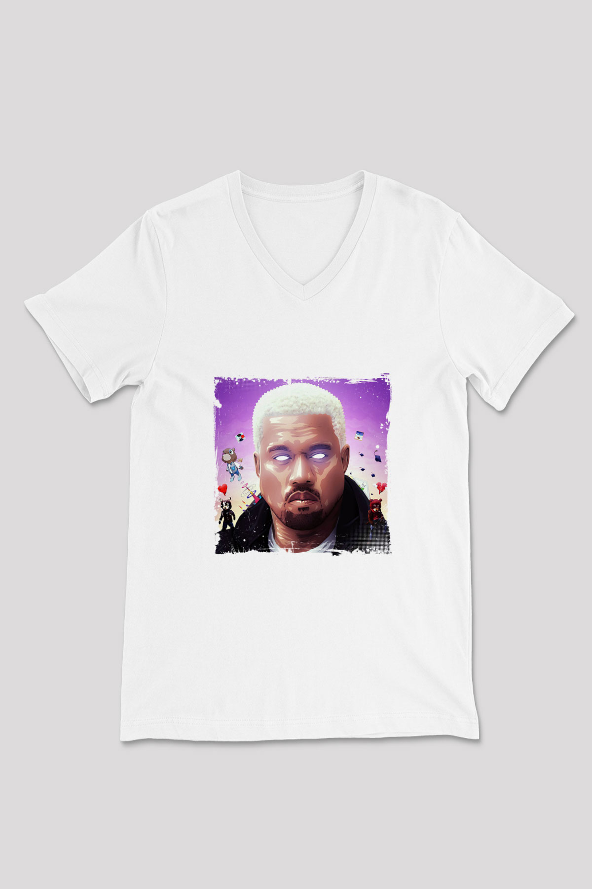 Kanye West Baskılı Beyaz V Yaka Unisex Tişört