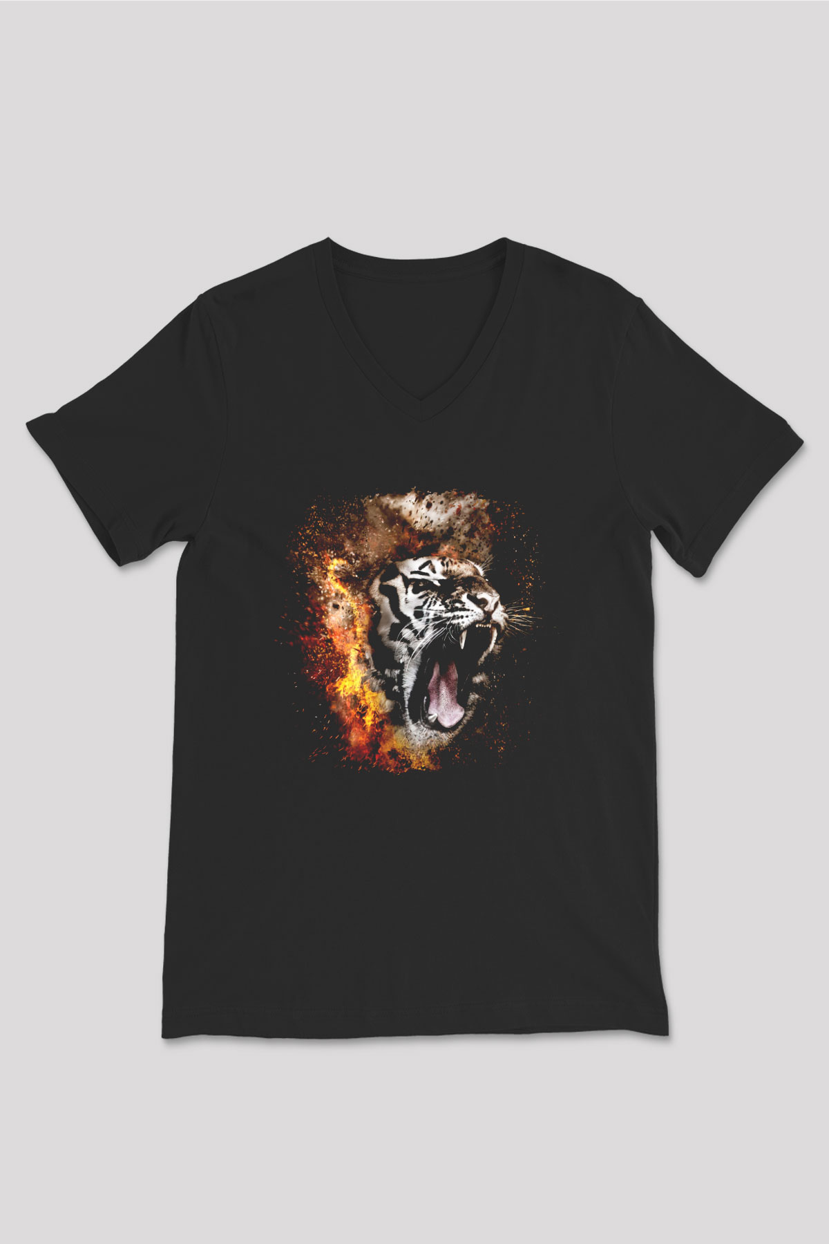 Kaplan Siyah Unisex V Yaka Tişört T-Shirt