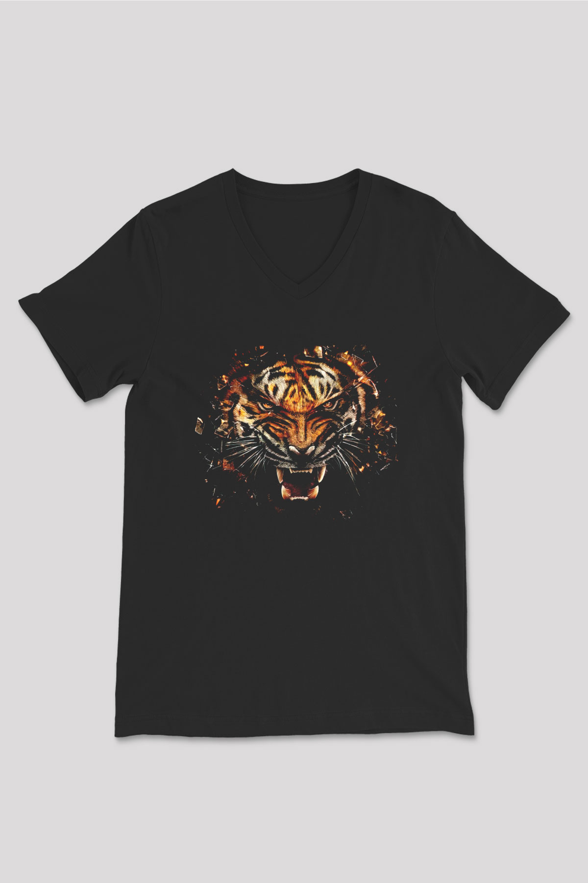 Kaplan Siyah Unisex V Yaka Tişört T-Shirt