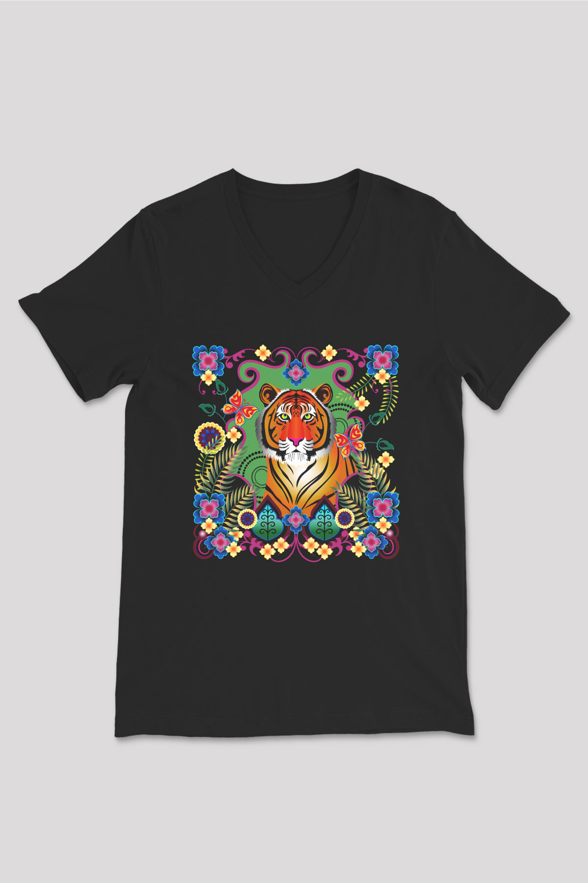 Kaplan Siyah Unisex V Yaka Tişört T-Shirt