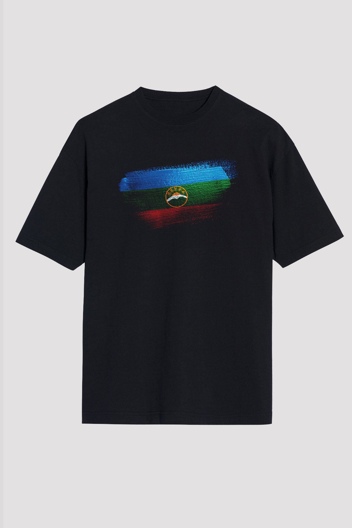 Karaçay Çerkesya - Karachay Cherkessia Bayrağı Baskılı Unisex Siyah Oversize Tişört