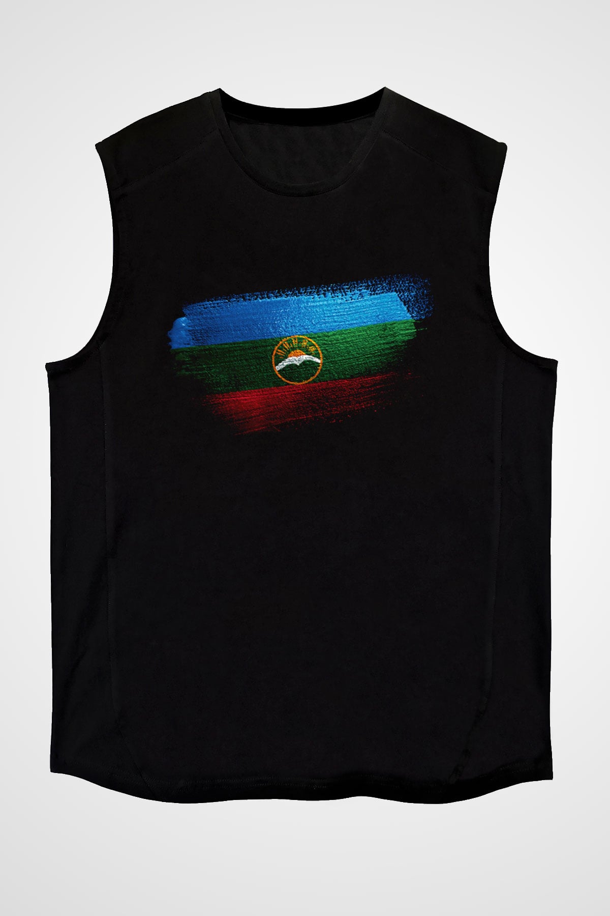 Karaçay Çerkesya - Karachay Cherkessia Bayrağı Baskılı Unisex Siyah Kolsuz Tişört