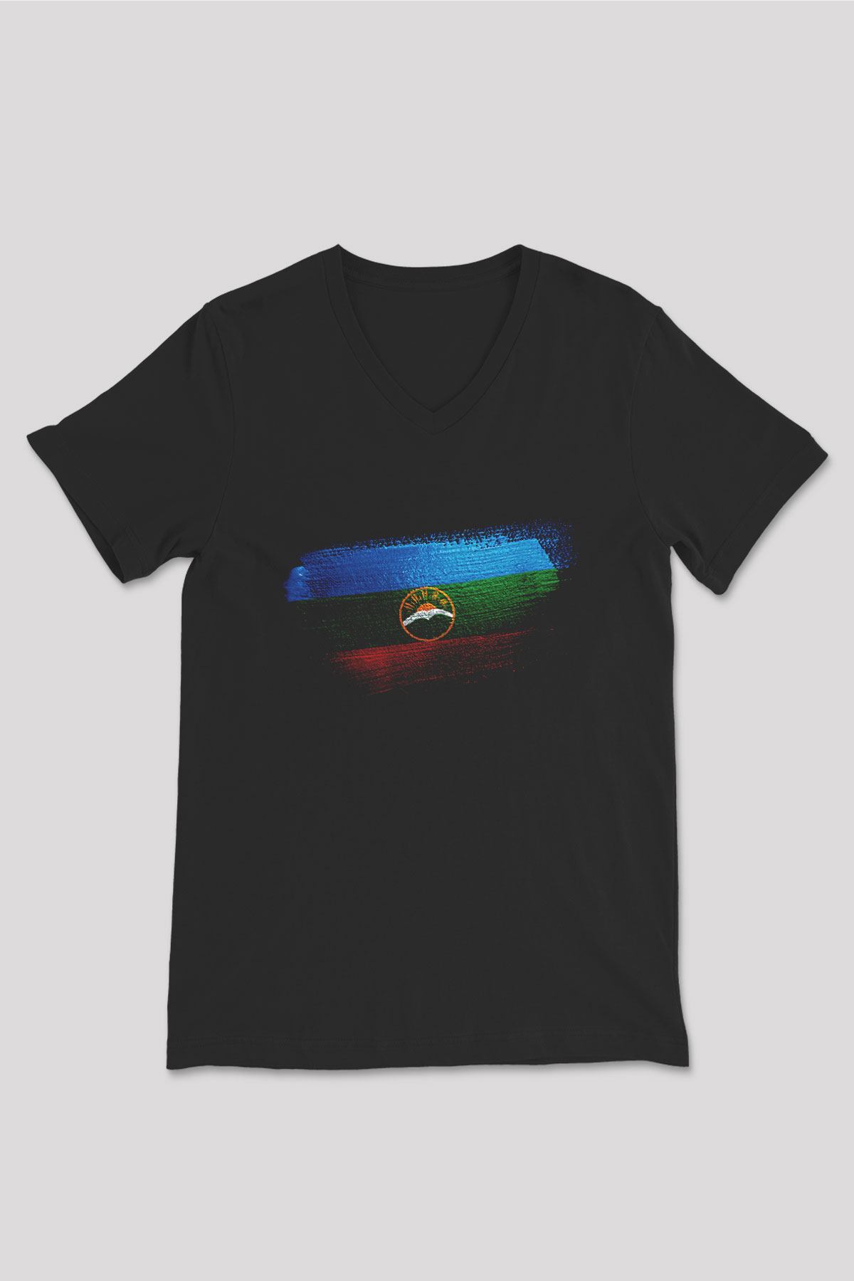 Karaçay Çerkesya - Karachay Cherkessia Bayrağı Baskılı Unisex Siyah V Yaka Tişört