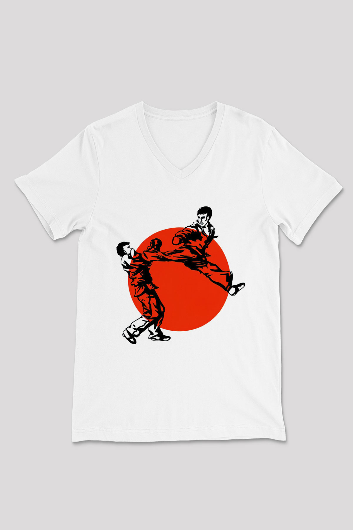 Karate Temalı Baskılı Beyaz  V Yaka Tişört