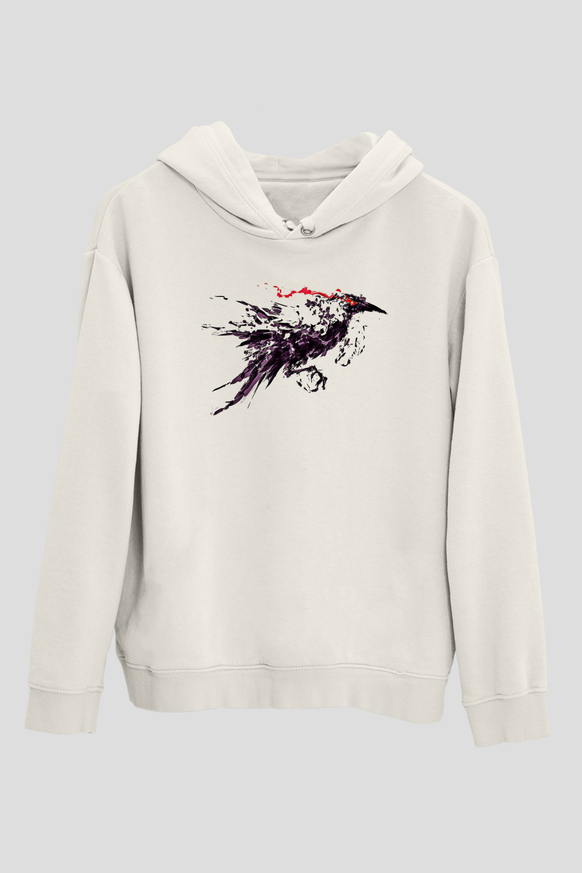 Karga Baskılı Beyaz Unisex Hoodie